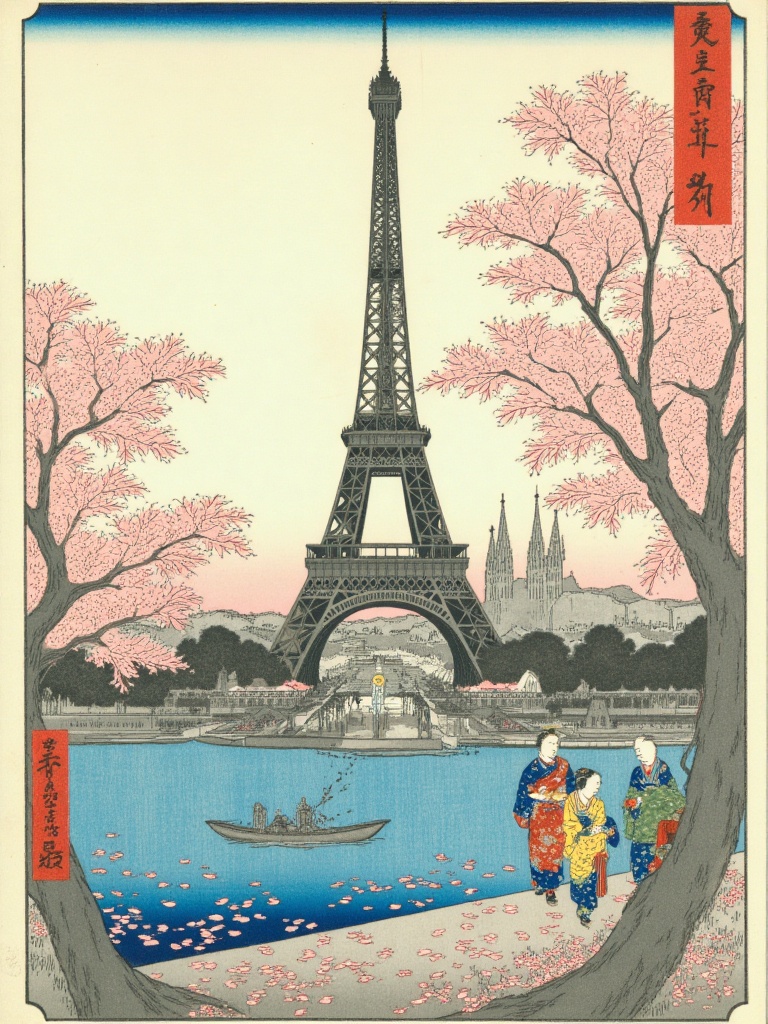 Xgechuanguangchong, Ukiyo - e style: Eiffel Tower in Paris. The tower outlined in indigo, cobalt - blue Seine River below. Three kimono - clad travelers gaze up. Cherry blossoms in the foreground shed pink petals on cobblestones. Spires of Notre - Dame peek through mist in the distance. Ukiyo - e style signature in the bottom right.