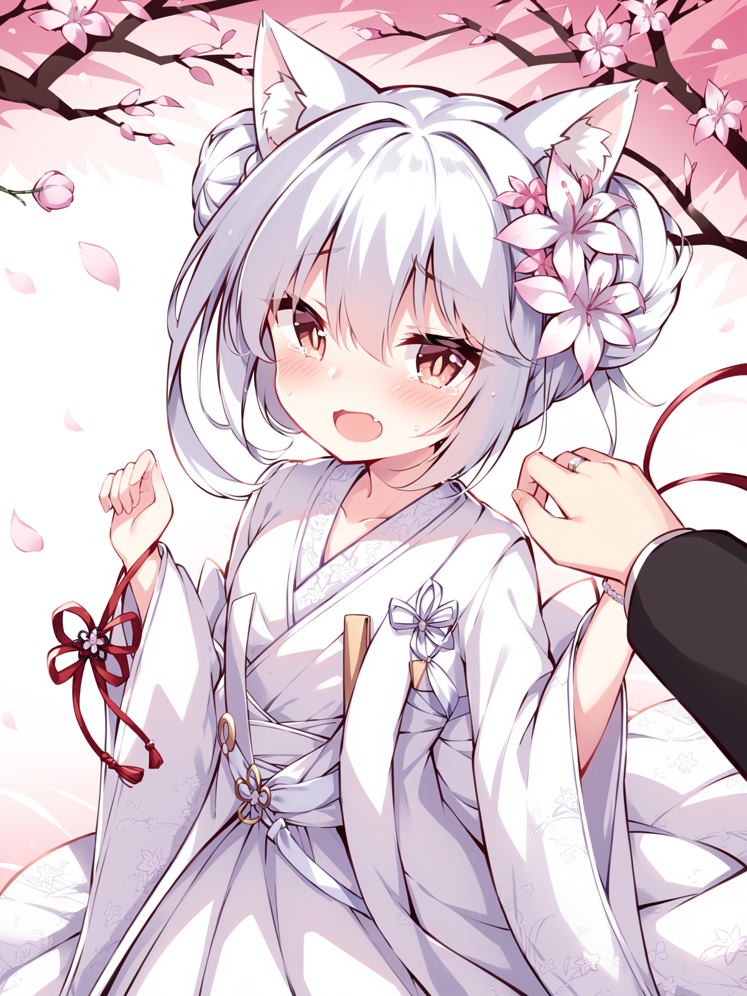 <lora:mk_dl_xl:1>,cat ears, flowers, white hair, 1girl, looking at viewer, blush, open mouth, bangs, hair ornament, long sleeves, animal ears, hair between eyes, jewelry, flower, grey hair, japanese clothes, solo focus, fang, tears, hair flower, wide sleeves, kimono, hair bun, animal ear fluff, petals, double bun, pov, ring, cherry blossoms, pink flower, tearing up, white kimono, wedding dress, wedding ring, print kimono, string, bride, string of fate, wedding, ornate ring, uchikake, commander (azur lane)