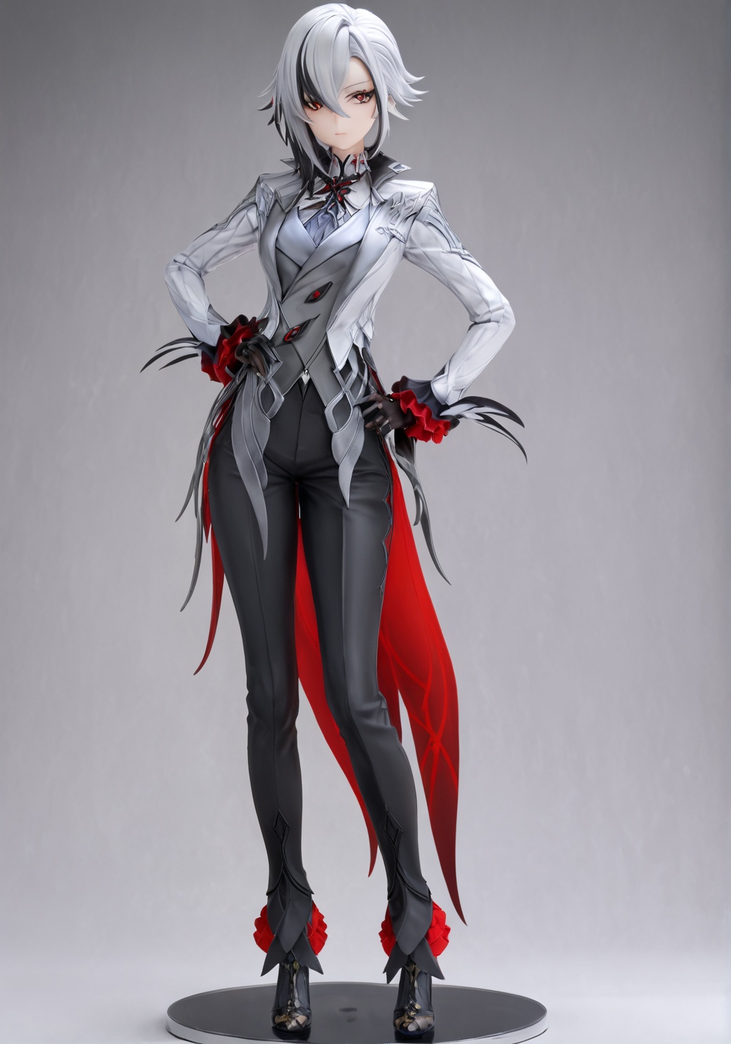 score_9, score_8_up, score_7_up, score_6_up, 8k, 8k, best quality, masterpiece, (ultra-detailed), (high detailed skin), white background, simple background, (full body), (white background), standing, looking at viewer, (solo), hand on hip, <lora:Arlecchino-kohaku-Tanger-000010:0.8>, Arlecchino, def clothes, 1girl, x-shaped pupils, red pupils, black gloves, pants, symbol-shaped pupils, multicolored hair, black hair, white hair, beautiful_face, intricate_detail, clear face, finely_detailed, fine_fabric_emphasis, full_shot, <lora:xl_figure style(kohaku_Delta)6:0.8>, figure style, photorealistic, photo \(medium\), 
