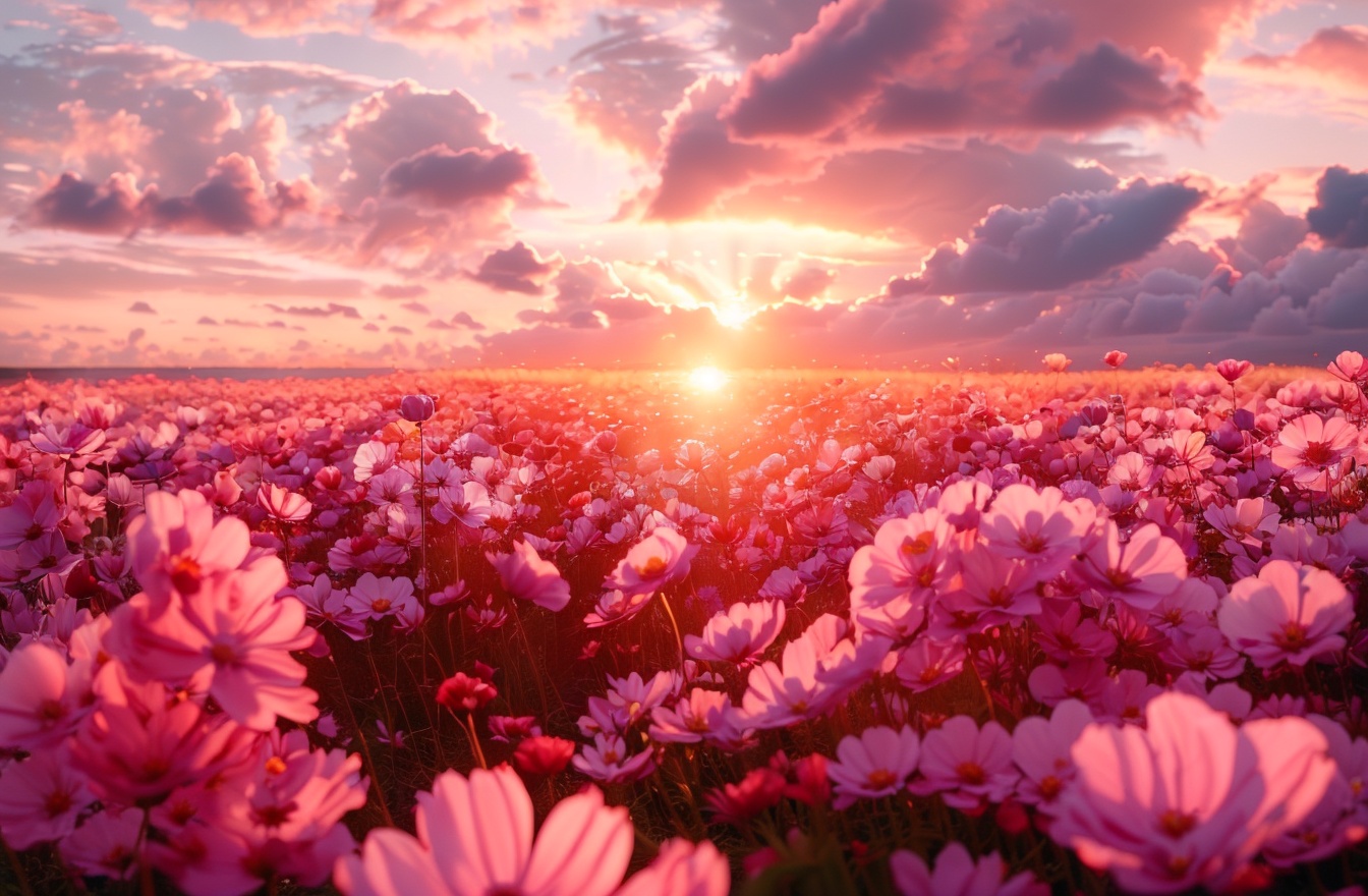 Flower sea,  masterpiece, charming visual effects, dreamy world, depth of field,  still life, Realistic, flower, outdoors, sky, cloud, no humans, ocean, cloudy sky, red flower, scenery, sunset, sun, horizon, field, flower field, red sky