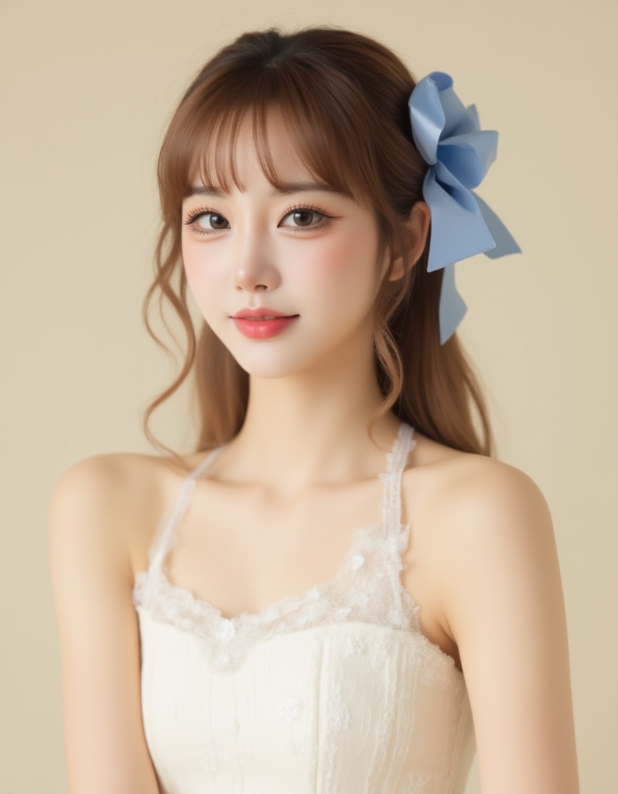 A photograph features a young Asian woman with fair skin and a slender build. She has wavy, light brown hair adorned with a large, satin blue bow. Her makeup is subtle, with a natural look. She wears a white, sleeveless, textured dress with delicate floral patterns. Her expression is calm and serene as she gazes slightly to the side. The background is a plain, light beige, ensuring the focus remains on her. The image has a soft, dreamy quality, emphasizing elegance and innocence.