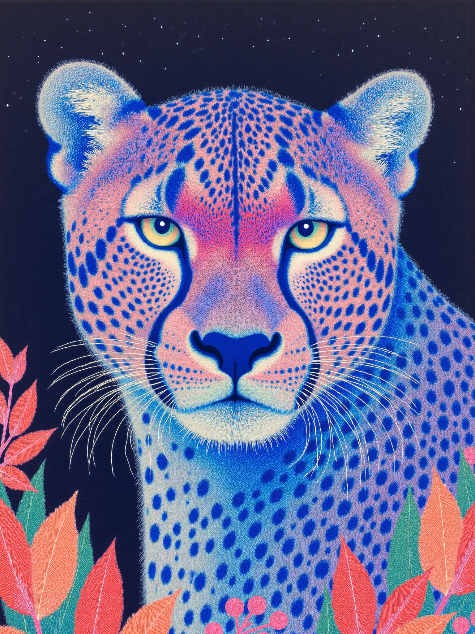 Blue leopard with glowing eye and colorful leaves against a dark night sky in the background,pointillism,pastel colors,ultra detail,surreal,highly detailed,low angle shot,dark background,chiaroscuro,vivid colors,dark shadows,mysterious atmosphere,dreamy mood,ethereal light,mysterious aura,glowing face,