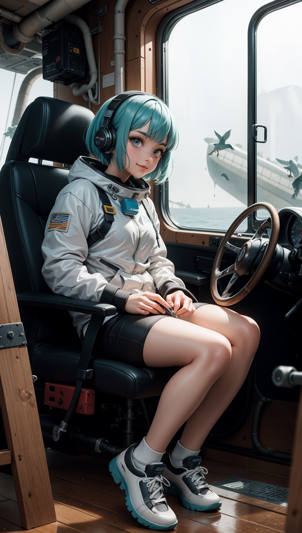 Black and white lineart 90's vintage manga,  a woman with short hair in shorts sitting in a submarine cockpit smiling,  we...