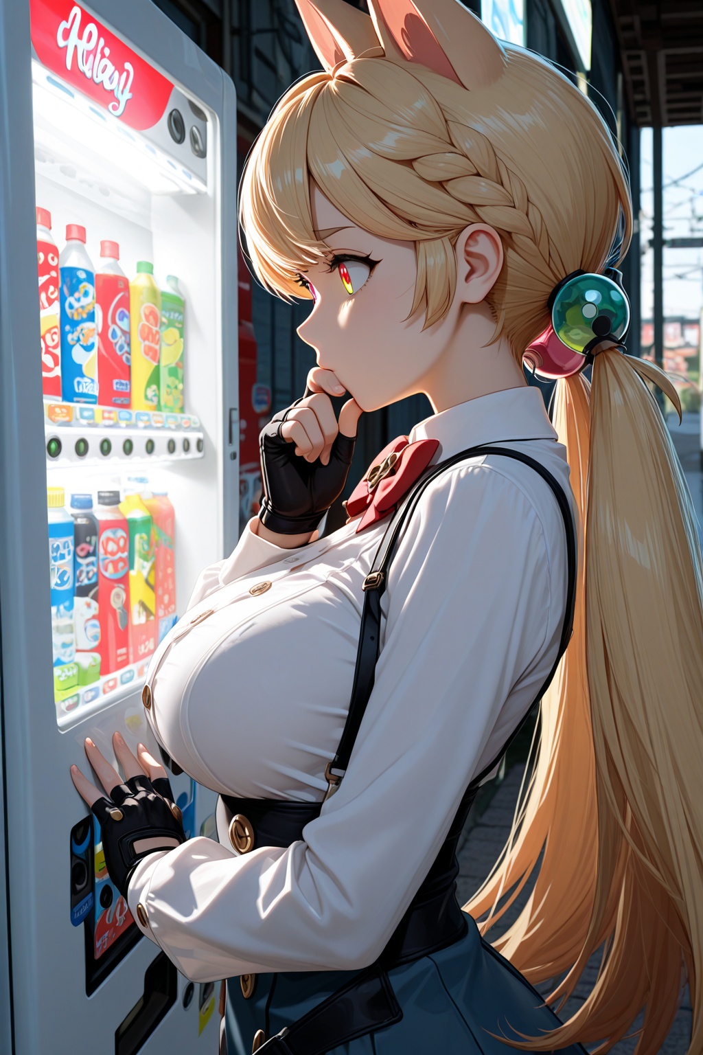 1girl,alice thymefield,vending machine,outdoors,red eyes,large breasts,heterochromia,masterpiece,sphere hair ornament,white shirt,indoors,yellow eyes,animal ears,long hair,buttons,fingerless black gloves,solo,blonde hair,long sleeves,from side,thinking,