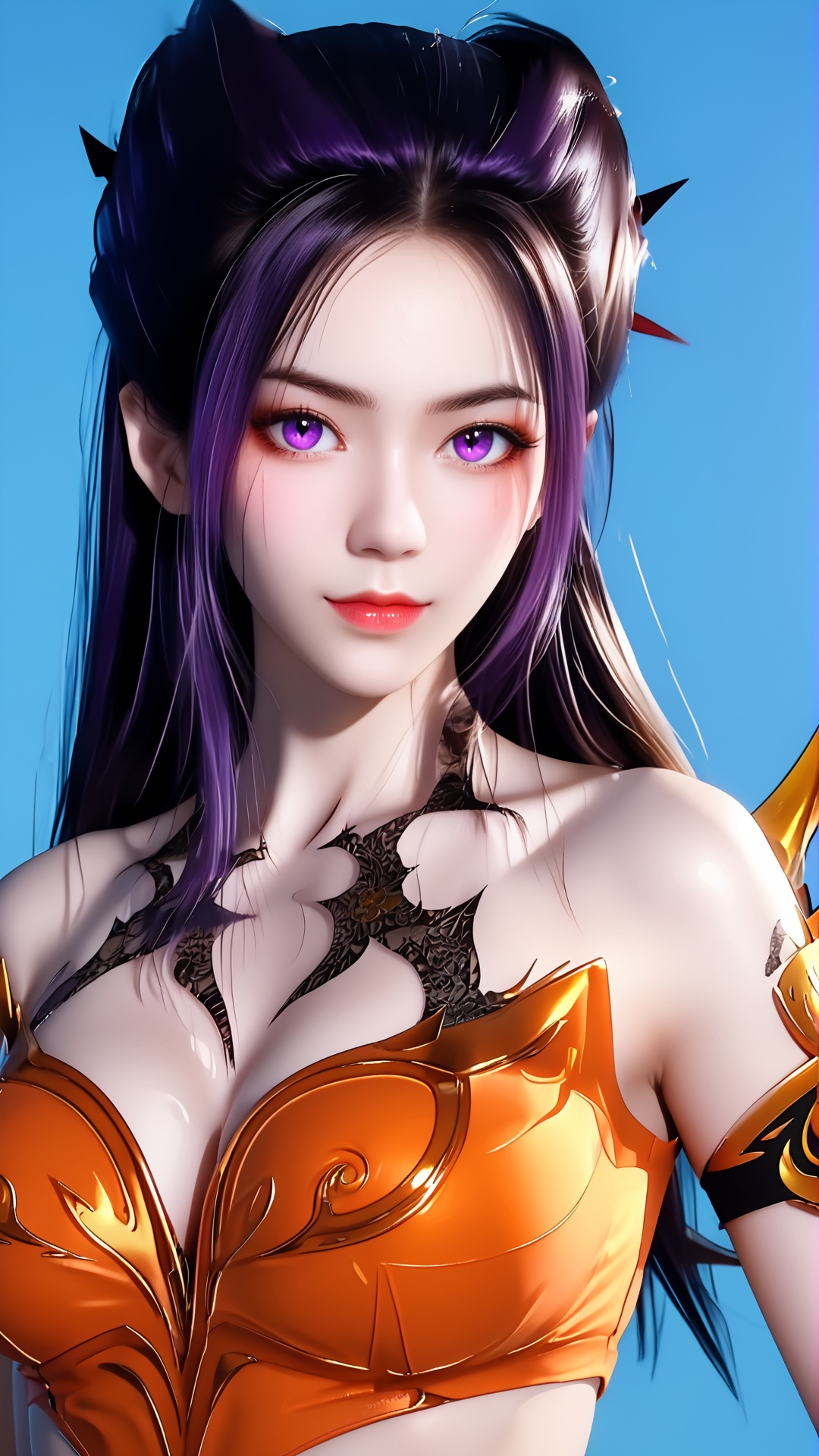 The image is a digital portrait of a young woman with long dark hair. She has a serious expression on her face and is looking directly at the camera. Her hair is styled in a high ponytail with multiple spikes sticking out of it. She is wearing a white and orange outfit with a dragon design on the chest. The background is a dark blue color with a hint of purple. The overall mood of the image is intense and dramatic...,<lora:pony焰-000008:0.8>,