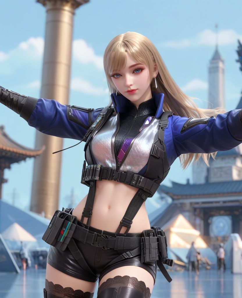 (oriental architecture, elegant decor, sophisticated style:1.1),(Standing with arms outstretched, embracing the sky,:1.1),(breasts:1.2),<lora:XL16穿越火线岚兮儿保卫者:0.95>,miss lanxier,blue cropped jacket with tactical reflective patches,blue eyes,blonde hair,long hair,earrings,suspenders,black gloves,black shorts,midriff,black thighhighs,black thigh boots,, score_9,score_8_up,score_7_up,score_6_up,score_5_up,score_4_up,3d rendering,tag1,tag2, Cinematic Lighting,backlighting,, zPDXL3, zPDXL2,zPDXL, zPDXLxxx, zPDXLrl,