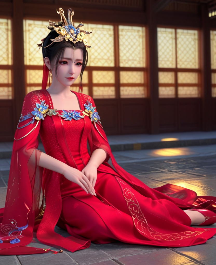 (oriental architecture, elegant decor, sophisticated style:1.1),(Sitting cross-legged on the floor:1.1),(breasts:1.2),<lora:XL少年歌行李寒衣婚服:0.95>,miss lihanyi,red chiffon strapless sundress,red shawl sleeves,flower shaped hair ornament,black hair,eyeshadow,brown eyes,jewelry,red lips,, score_9,score_8_up,score_7_up,score_6_up,score_5_up,score_4_up,3d rendering,tag1,tag2, Cinematic Lighting,backlighting,