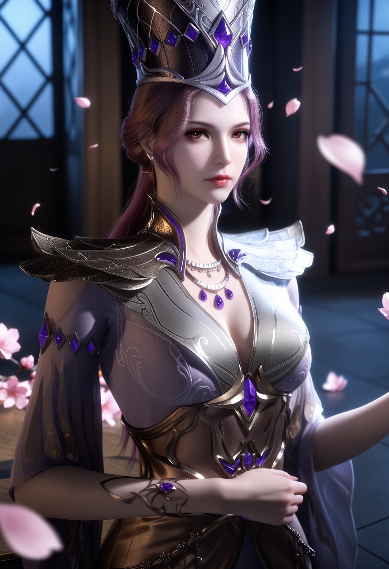 masterpiece,best quality,amazing quality,very aesthetic,high resolution,ultra-detailed,absurdres,scenery,photorealistic,(looking at viewer:1.1),upper body,(Dark room:1.3),(moody lighting:1.1),peach blossom,falling petals,(large breasts:0.8),bibidong,1girl,solo,jewelry,gem,armor,brown hair,hat,lips,necklace,brown eyes,earrings,cleavage,crown,long hair,dress,red eyes,makeup,ponytail,short hair,pantyhose,pink hair,purple hair,shoulder armor,long sleeves,high heels BREAK photorealistic details,<lora:QQSillbibidongV1:0.8>,