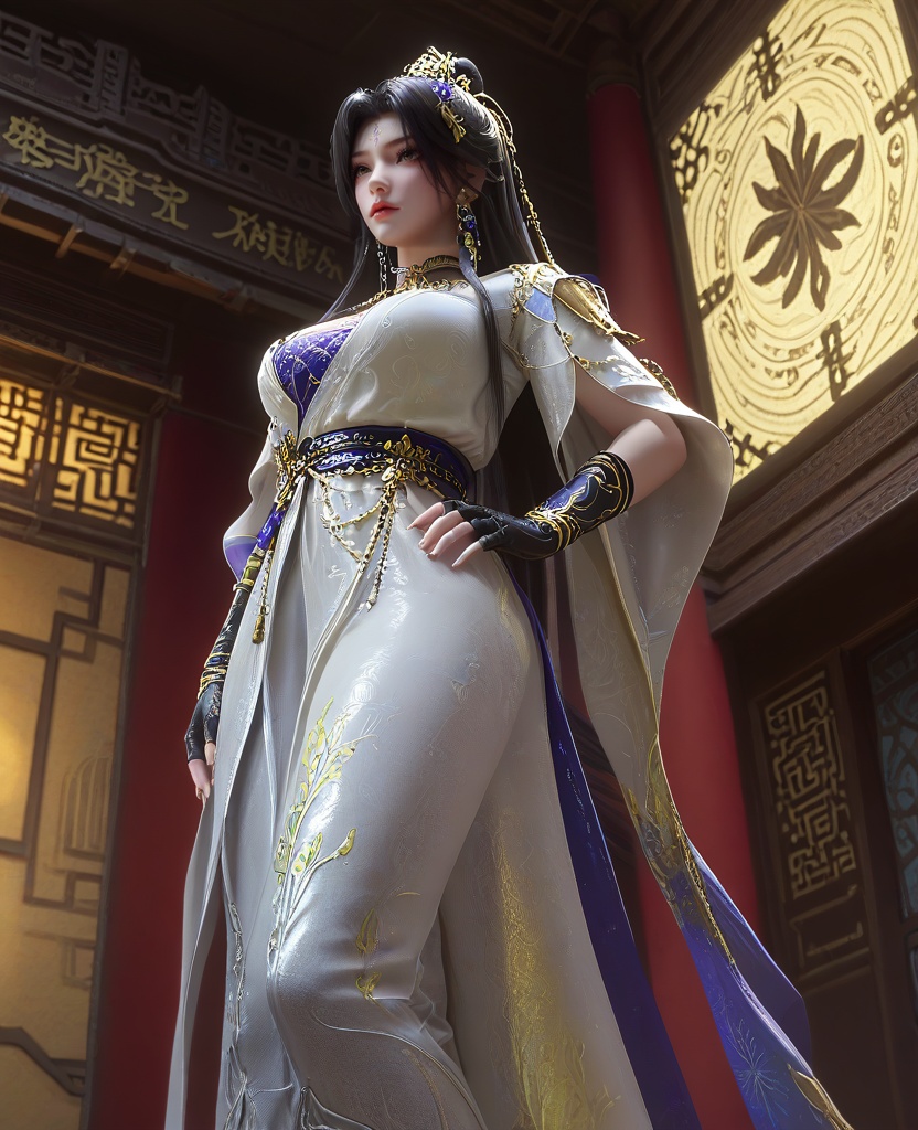 (oriental architecture, elegant decor, sophisticated style:1.1),(Leaning against a wall, hands on hips,:1.1),(From below, looking straight up at the subject:1.1),(large breasts:1.2),<lora:XL16云深不知梦羲和缉魔司:0.95>,missxihe,white dress with tulle skirt,brown eyes,forehead mark,black hair,very long hair,half-up braid with long cascading hair,hair ornament,jewelry,earrings,black fingerless gloves,white thigh boots,wide flowing sleeves,blue violet bandeau,sash,, score_9,score_8_up,score_7_up,score_6_up,score_5_up,score_4_up,3d rendering,tag1,tag2, Cinematic Lighting,backlighting,
