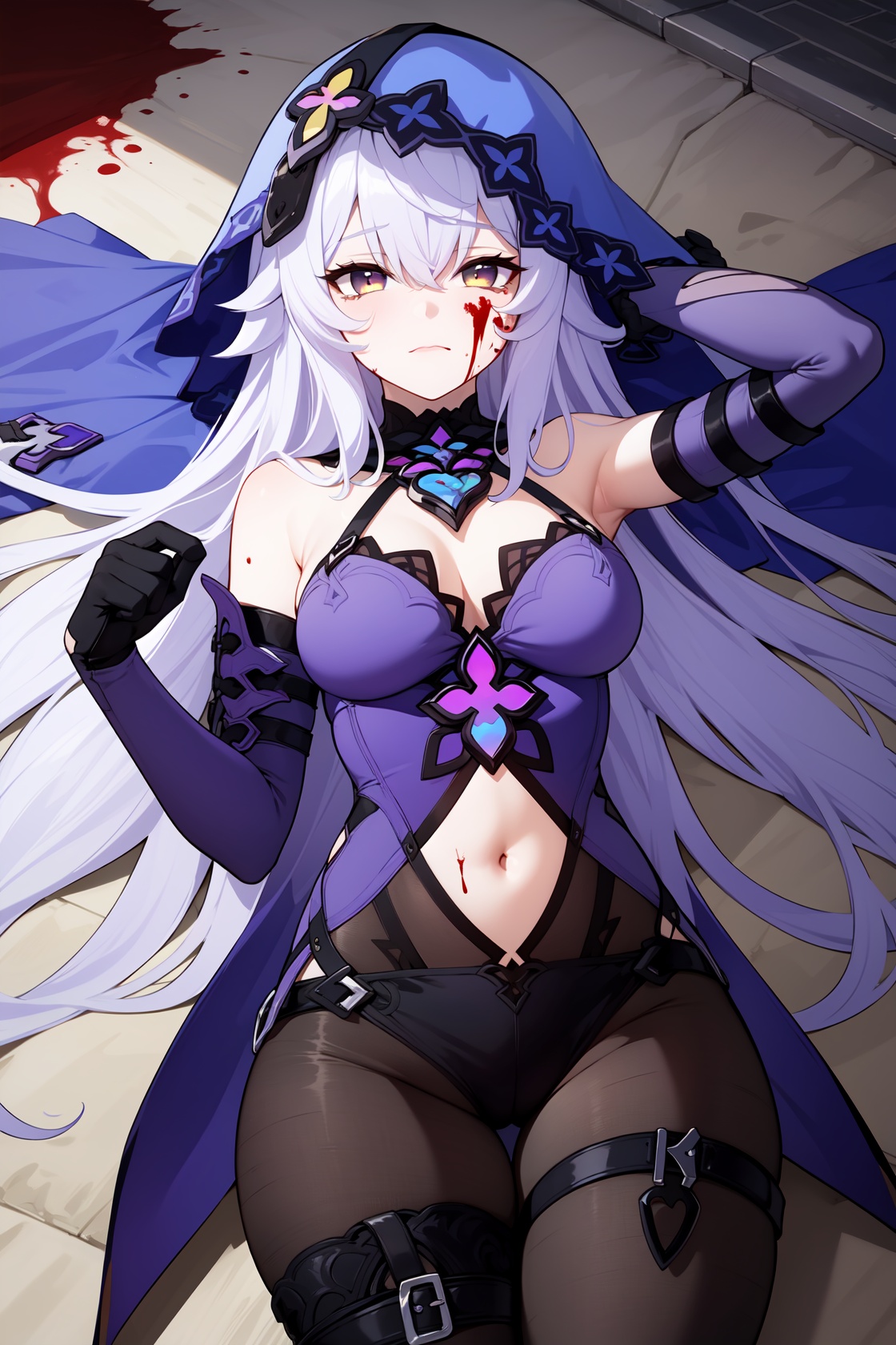 <lora:黑天鹅:1:lbw=char>,heitiane,long hair,gloves,bangs,breasts,bare shoulders,elbow gloves,veil,purple hair,purple dress,purple eyes,hair between eyes,black gloves,yellow eyes,pantyhose,very long hair,yellow eyes,lying on the ground,(blood,blood on face:1.2),torn clothes,torn legwear,crying,scared,ruins,light particles,sparkler,corpse,bandages,bandaged leg,navel,blood,bandaged arm,on back,injury,cleft of venus,stomach,arms behind head,a blade in the abdomen,<lora:genshinImpactModel_v10:0.3:lbw=MIDD>,, 1girl,,  (masterpiece,best quality:1.2),absurdres