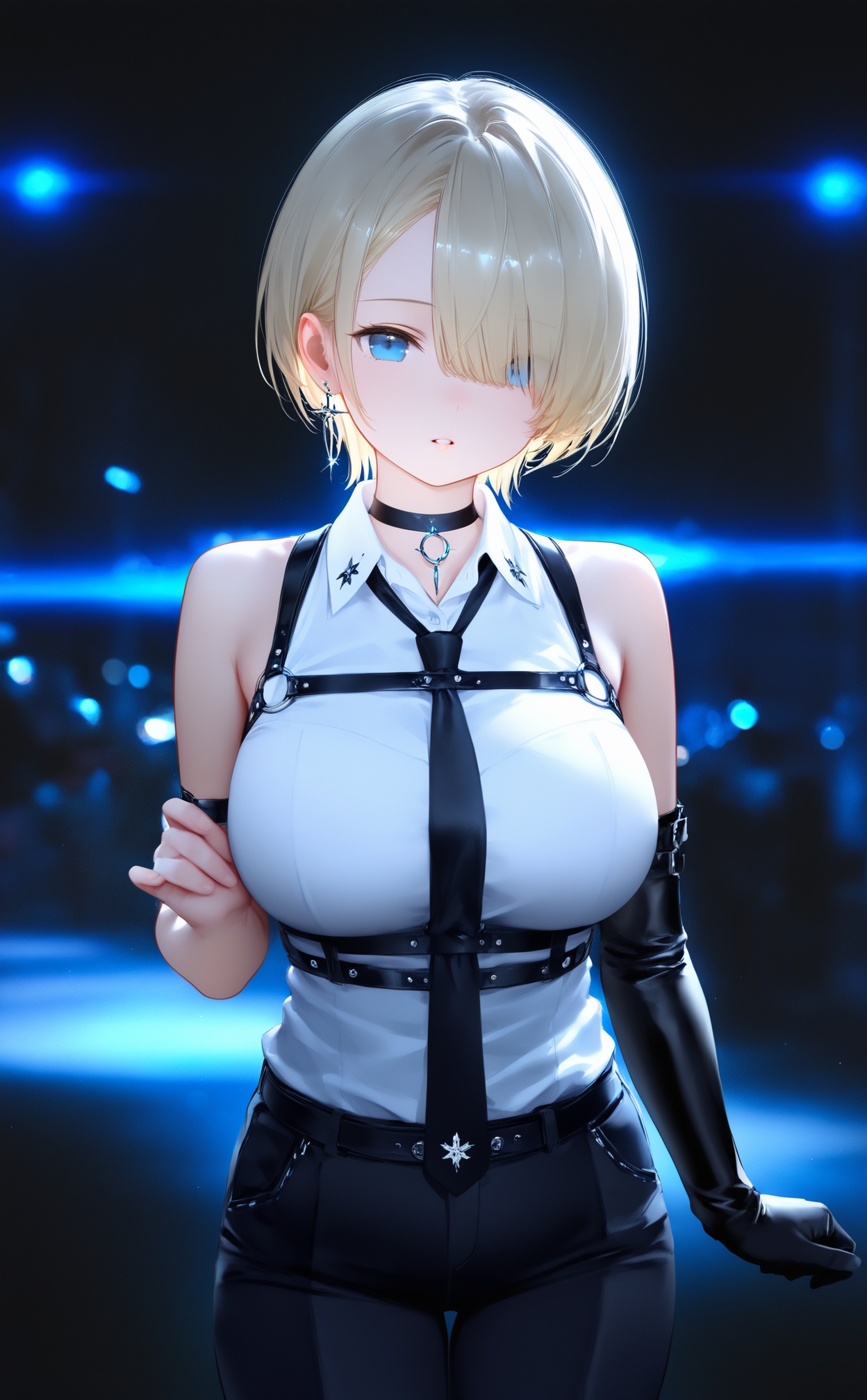 masterpiece,best quality,high quality,loli,chromatic_aberration,Blue Theme,//,1girl,solo,gloves,breasts,blonde hair,hair over one eye,necktie,shirt,parted lips,black gloves,jewelry,looking at viewer,earrings,bare shoulders,sleeveless,large breasts,choker,elbow gloves,black background,collared shirt,black choker,white shirt,simple background,bangs,blue eyes,short hair,sleeveless shirt,black pants,o-ring,pants,harness,cowboy shot,single glove,//,year_2023,year_2024,//,official art,depth of field,detailed light,blurry background,cinematic lighting,ray tracing,ultra detailed,god rays,backlighting,photo background,film grain,chromatic aberration,volumetric lighting,depth of field,blurry background,cinematic lighting,very aesthetic,
