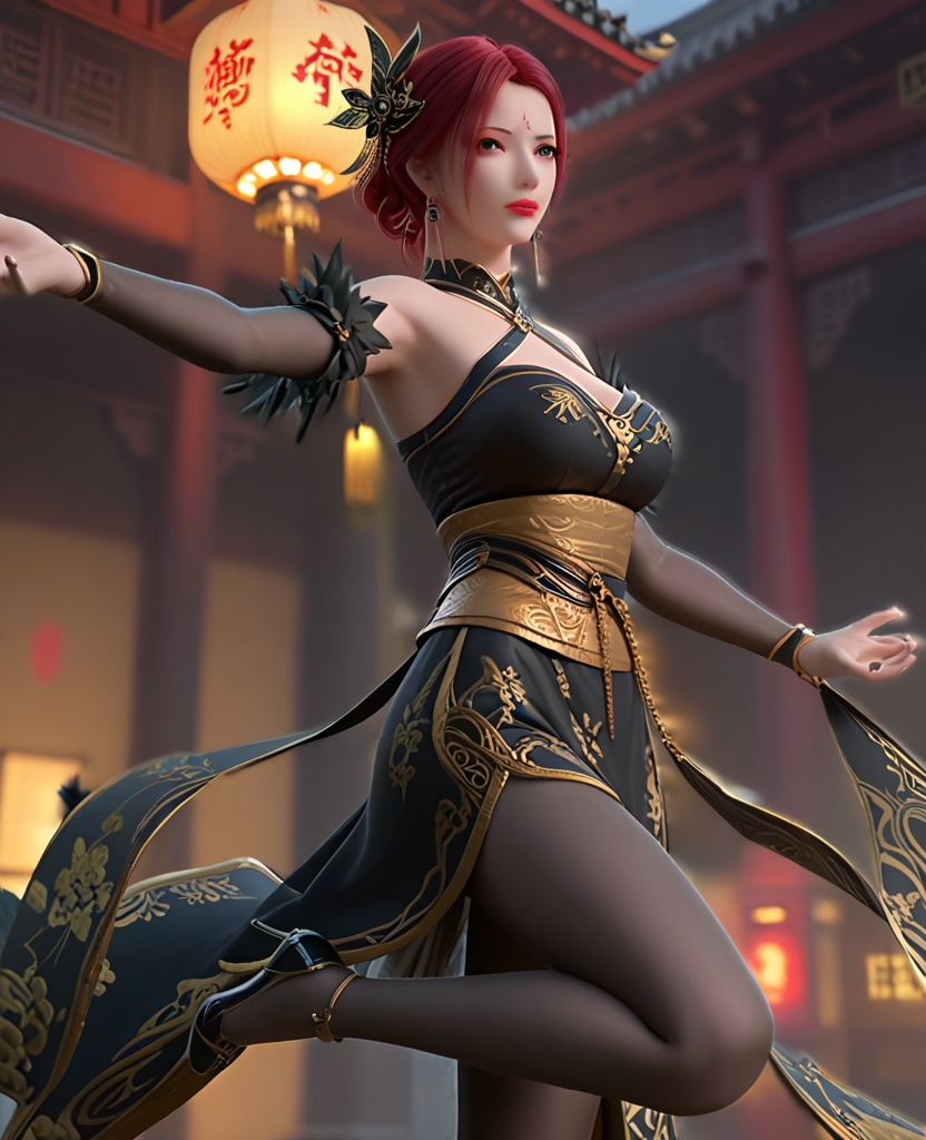 (oriental architecture, elegant decor, sophisticated style:1.1),(Flying Leap, One leg forward, arms extended back, ready to take off into the sky,:1.1),(breasts:1.2),<lora:XL斗破苍穹雅妃:0.95>,miss yafei,black halter dress,bare shoulders,red eyes,red lips,red eyeshadow,feathers trim,forehead mark,red hair,single hair bun,hair ornament,earrings,mesh of cleavage,sash,large breasts,makeup,black bridal gauntlets,floral print,black pantyhose,, score_9,score_8_up,score_7_up,score_6_up,score_5_up,score_4_up,3d rendering,tag1,tag2, Cinematic Lighting,backlighting,