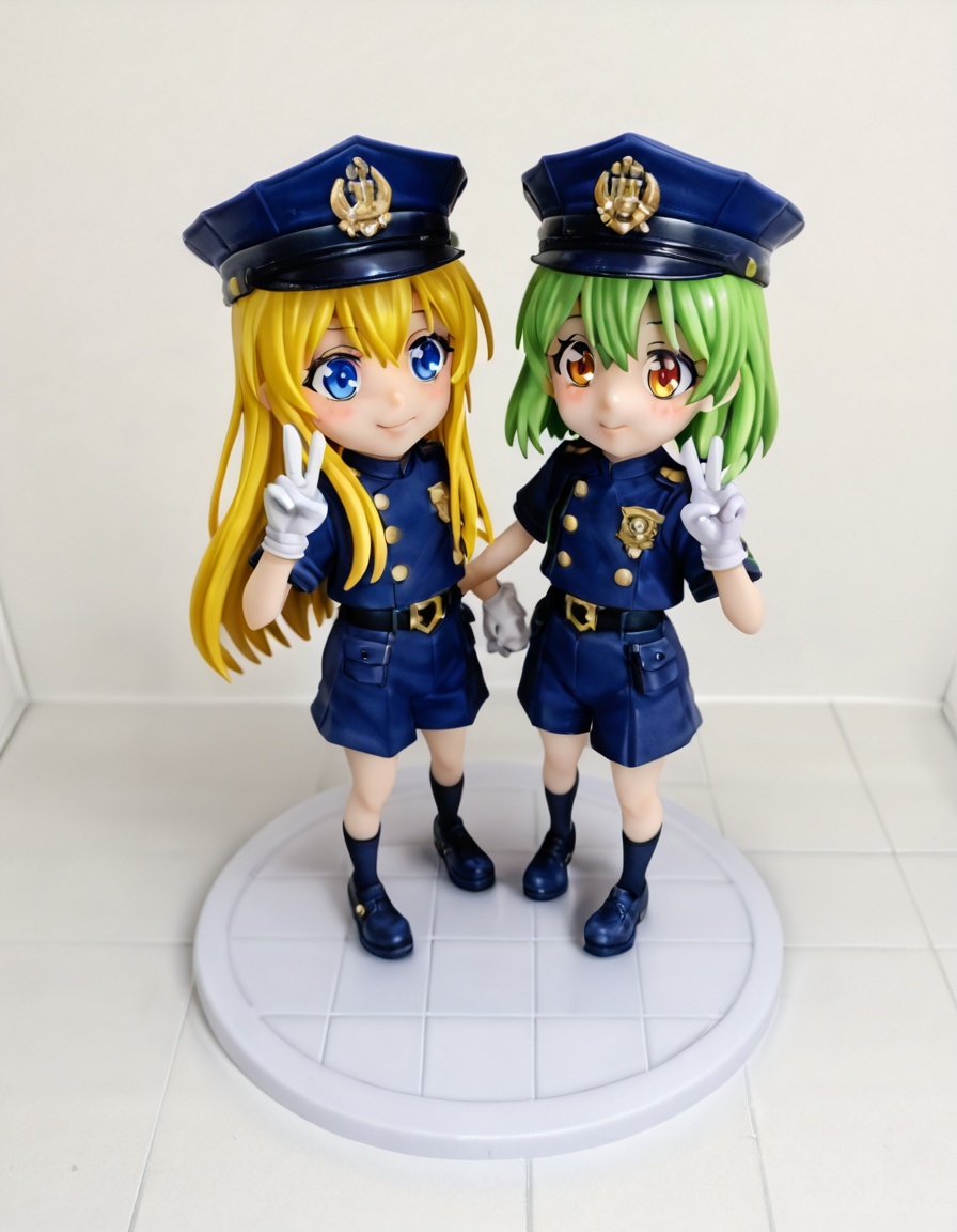 This digital anime-style drawing depicts two cute, young girls with long, flowing green hair, dressed in navy blue police uniforms with gold buttons, white gloves, and hats. One girl is making a peace sign, while the other is playfully pressing a large, white, cartoonish rabbit's face. The background shows a gray, tiled floor with a small, yellow-haired girl in the distance. The scene is lively and colorful, with a playful and energetic atmosphere.