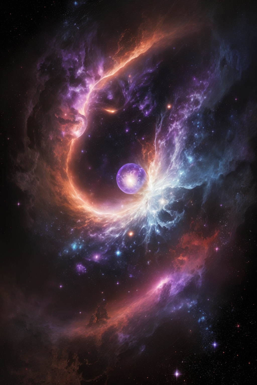 (Best quality, ultra-high resolution, high detail:1.2),A planet-**** object floating in an abstract nebula,galaxy and stars. The planet is surrounded by swirling purple,blue and white fluid art,creating a spherical hallucination effect. The background is the dark universe,forming a high contrast with the bright colors. The surface of the planet is smooth,with a glossy sheen,delicate textures,edge lighting highlights its dynamic characteristics. The whole picture is filled with thoughts and imaginations about the universe and life. High-definition,high-quality image,intricate,sharp focus,photorealistic painting art by midjourney., <lora:20240522-1716361934931:0.6>