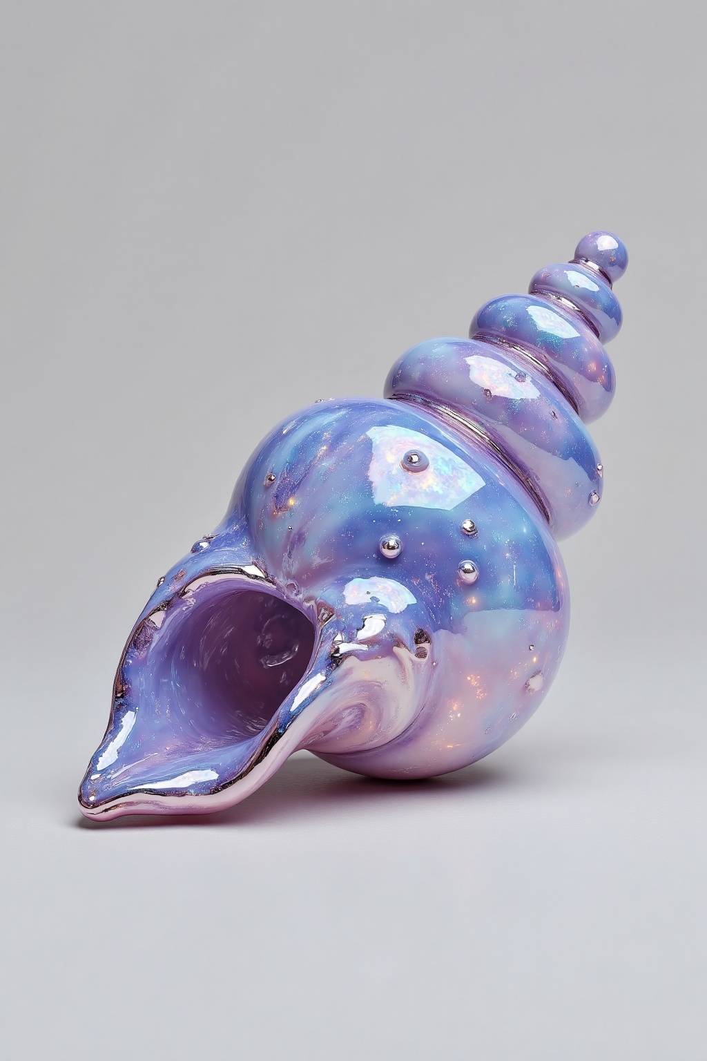 beijihui,Captured from a low-angle perspective on a stark white backdrop, a sleek sapphire-blue seashell is adorned with glistening water droplets, casting iridescent reflections across its spiraled surface. The shell's glossy enamel sheen catches ambient light, creating a luminous contrast against the rich marine hue. Its curved tip glows with a silvery blue edge, anchoring the composition in surreal elegance.