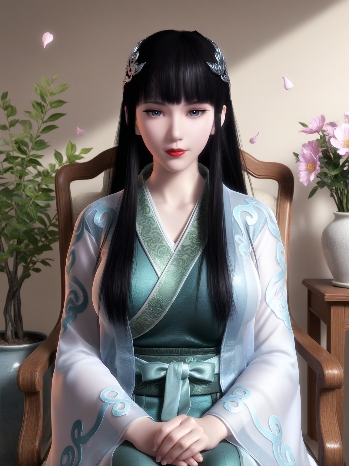 masterpiece,ultra-HD,photorealistic,high detail,best quality,8k,best quality,sharp focus,ray-tracing,1girl,breasts,large breasts,long hair,hair ornament,black hair,lipstick,bangs,long sleeves,dress,wide sleeves, sitting,chair,falling petals,eyelashes,solo,looking at viewer,enchanting expression,red lips,Flower Potted Plants,<lora:SF_XinYueHu_ILv4050_Real-000004:0.7>,