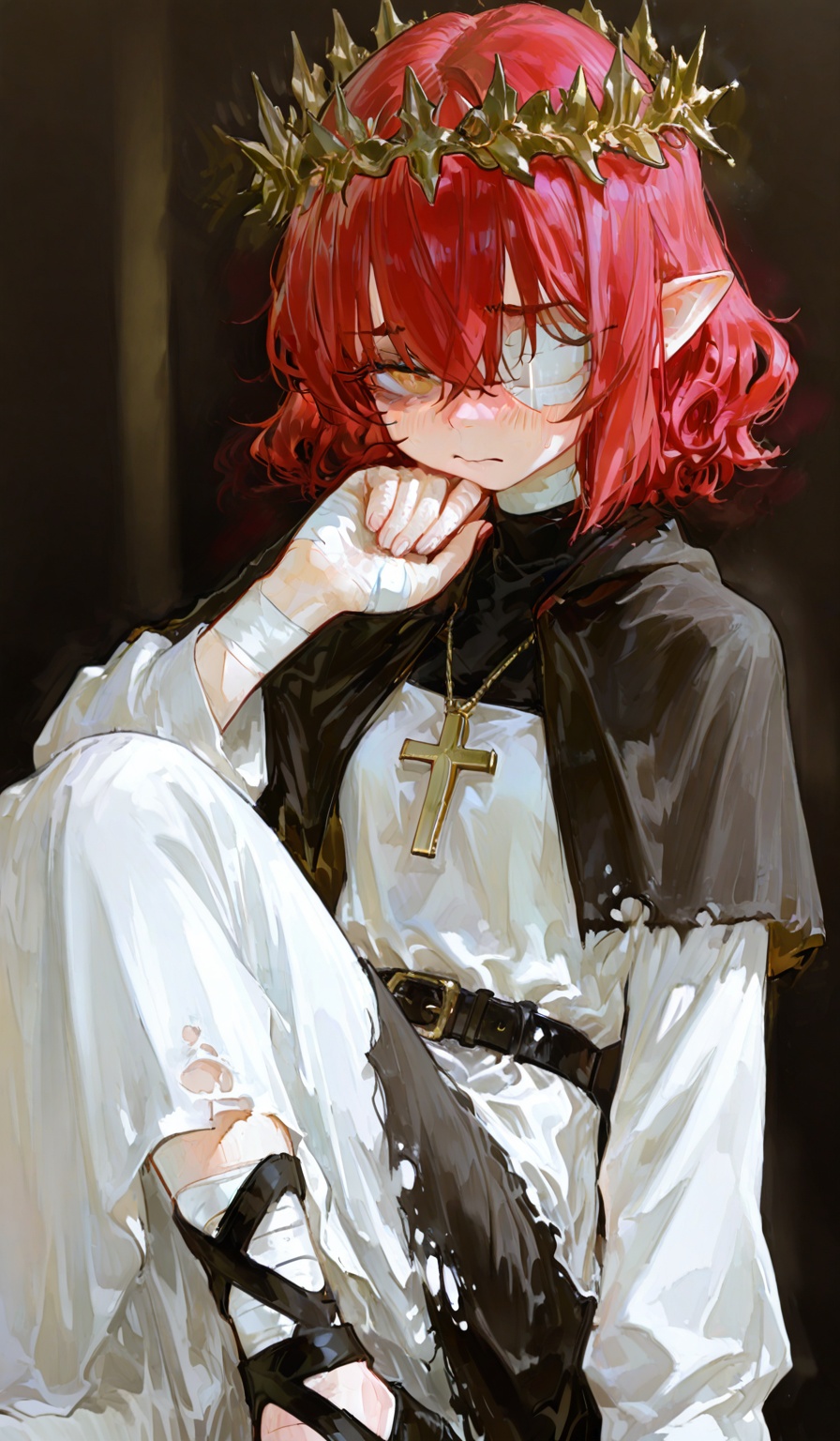 <lora:Taswell的SenSen画风:0.8>,highres,absurdres,newest,very awa,masterpiece,best quality,year 2024,(vanripper:1.2),yomiya_sateko,potg_(piotegu),void_0,(dino_(dinoartforame):0.8),(fkey:0.8),(yomu_(sgt_epper):0.8),(close-up:1.8),(upper body:1.5),cinematic lighting,god rays,ray tracing,reflection light,black background,1girl,solo,yellow eyes,red hair,curly hair,short hair,No bangs,pointy ears,Droopy eyes,gold thorn crown,(thorn crown:1.1),(bandage on right eye:1.3),Cross necklace,(torn clothes:1.1),black Gold short capelet,white dress,Very long skirt,(bandaged hands:1.1),black gold belt,(bandaged leg:1.1),ankle lace-up straw shoes,worried,flustered,Put hand on chin,