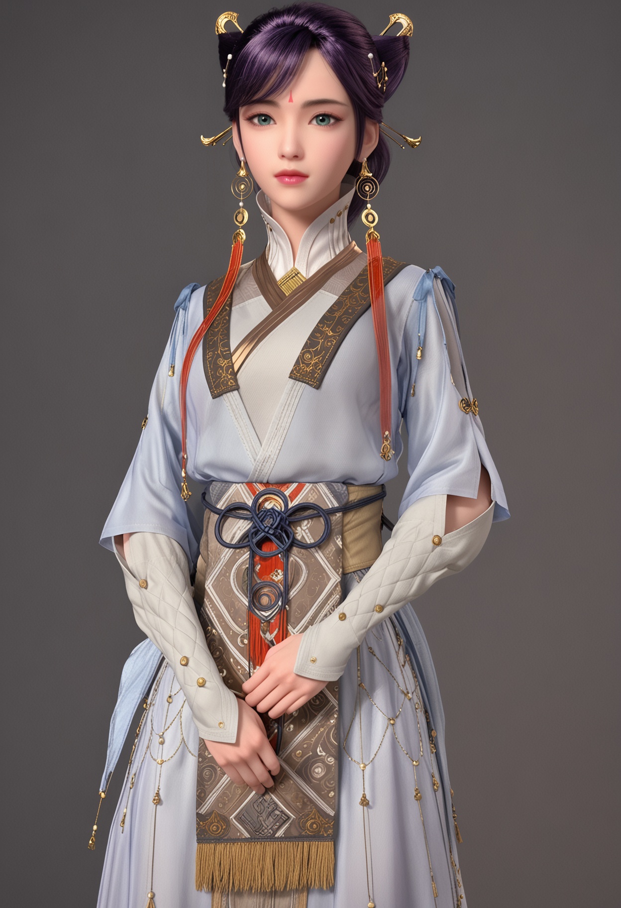 (cowboy shot:1.2),(looking at viewer:1.1),facing viewer,direct gaze,<lora:YQ_pony_xulingxi2_V4:0.8>,q1528437228,1girl,solo,jewelry,earrings,hair ornament,black hair,lips,chinese clothes,dress,forehead mark,green eyes,hair bun,long hair,makeup,brown hair,hair stick,long sleeves,tassel,boots,white pantyhose,braid,blue eyes,purple hair,brown eyes,double bun,BREAK simple background,pure black background,black background,perfect anatomy,