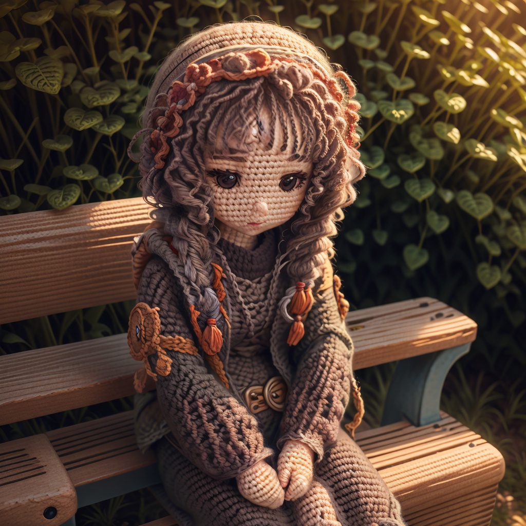crochet figures,1 girl,(solo:1.4),sit on bench,in a scene of pure kindness,colors blend and greet,<lora:knitting:1>,