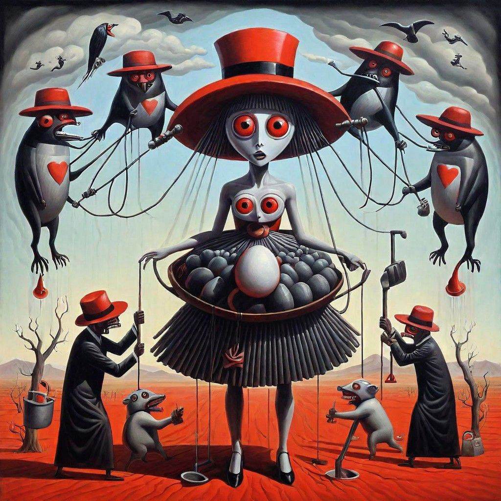 surreal "juba juba juba with a red dada and a dede hat,  holding a large dada that shields her from a shower of surrealism...