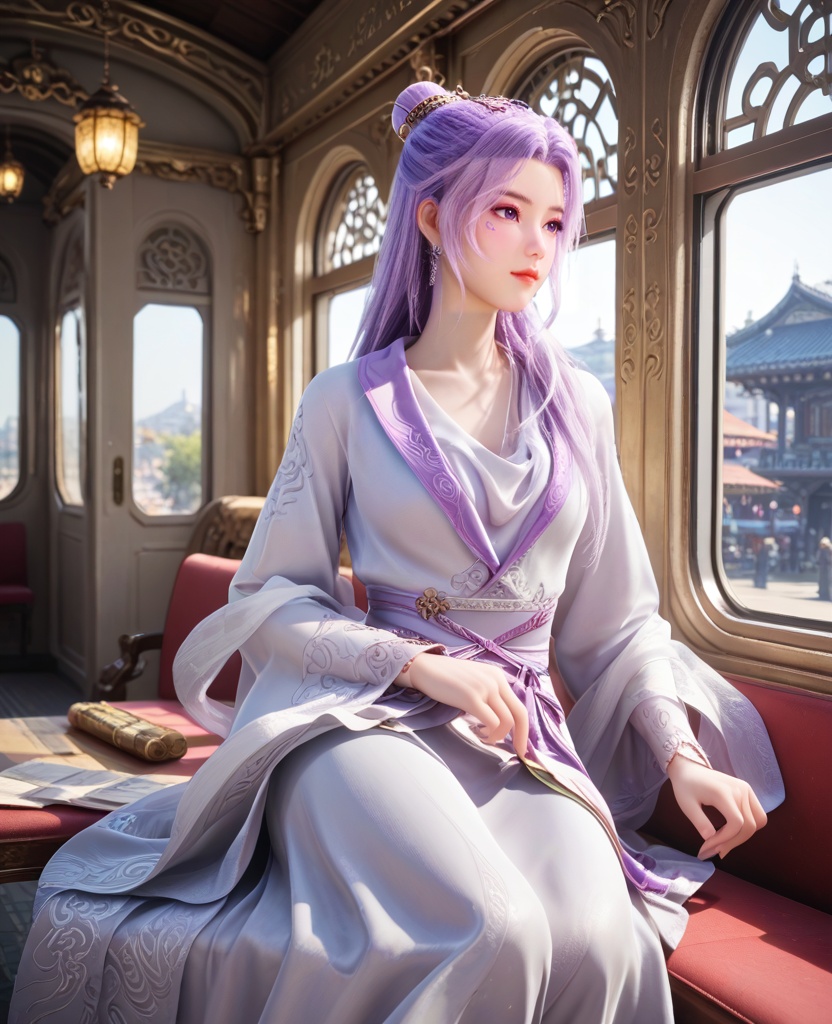 (oriental architecture, elegant decor, sophisticated style:1.1),(Sitting on a bench in a train station, looking out with a mix of excitement and anticipation,:1.1),(breasts:1.2),<lora:XL师兄啊云霄:0.95>,miss yunxiao,chinese clothes,purple hair,purple eyes,a mark under the left eye,single hair bun,long sleeves,earrings,hairpin,sash,, score_9,score_8_up,score_7_up,score_6_up,score_5_up,score_4_up,3d rendering,tag1,tag2, Cinematic Lighting,backlighting,