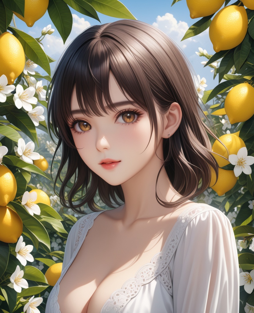 (,1girl, ,best quality, ),looking at viewer,  ,ultra detailed background,ultra detailed background,ultra realistic 8k cg, ,masterpiece, (( , )),,  fiction,mole, ultra realistic 8k cg, ,      , lemon blossoms,  (cleavage), (), ,,,