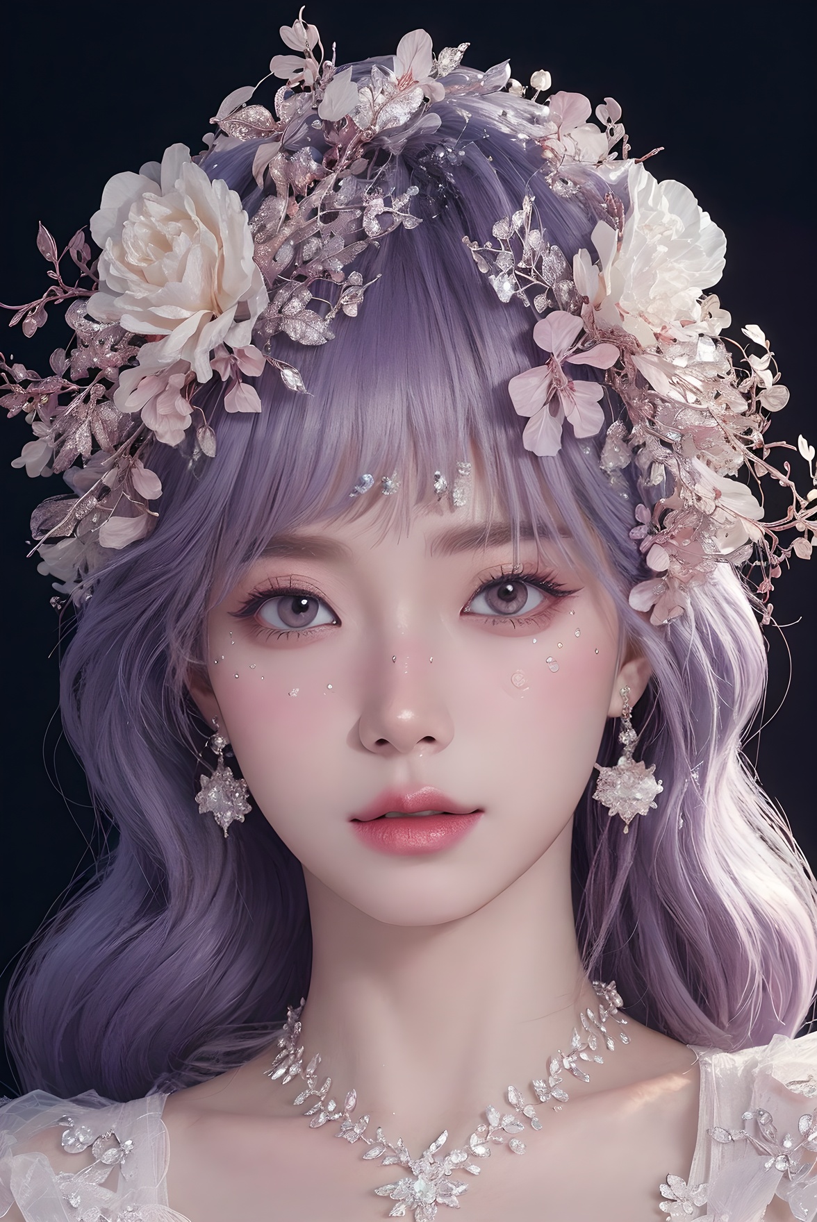 <lora:Fashion_Girl:0.66>purple  theme,  snowflakes,  looking at viewer,  portrait,  colorful hair,  jewelry,  close up,  ultra high res,  deep shadow, (best quality,  masterpiece),  dimly lit,  shade, highly detailed,  bold makeup,  flower,  simple background,  depth of field,  film grain,  fashion_girl,  accessories, High detailed, (masterpiece,high quality,best quality),(colorful),(delicate eyes and face),volumatic light,ray tracing,extremely detailed CG unity 8k wallpaper,solo, indoors, palace, lights, window, decorations,(ahoge:1.3),best quality,official art,(((light from the sky))),floating hair,light shines on hair,whultra-detailed,(((extremely detailed cg 8k wallpaper))),(crystalstexture skin:1.4),(extremely delicate and beautiful),(white skin),looking_at_viewer,kinghere fensejiaren,,realistic,