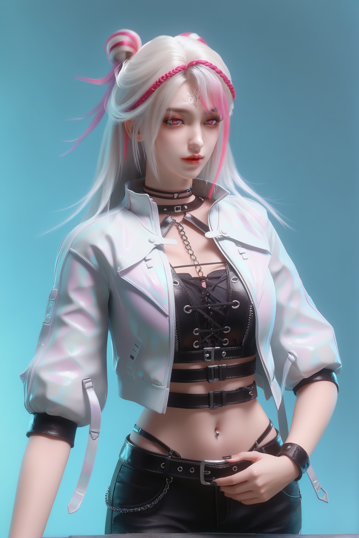 score_9,score_8_up,score_7_up,simple background,white_background,forehead_mark,1girl,multicolored hair,belt,solo,pink hair,white hair,shorts,jacket,navel,midriff,pink eyes,choker,long hair,piercing,streaked hair,black nails,lips,breasts,black pants,<lora:wy_xiaocheng_XL7.0:0.8>,dark,wetting,