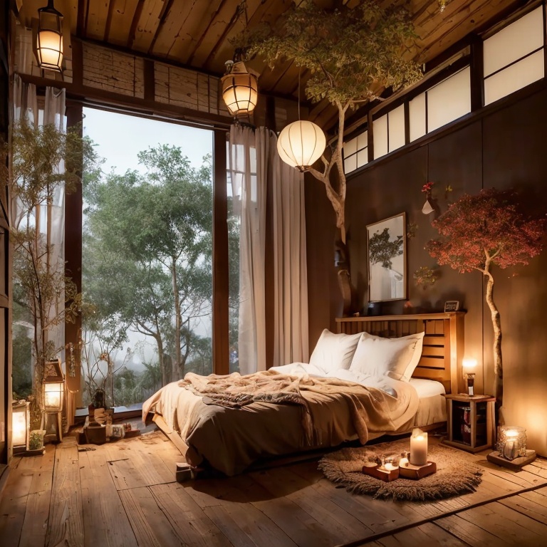 jianzhu, A cozy bedroom with a large bed, a tree, and several large windows. The room is decorated with warm colors and soft lighting. The bed has a red blanket and several pillows. There is a tree in the corner of the room with a few books on the floor next to it. There are several candles on the floor and on the bedside table. The room is lit by a few lanterns. The overall atmosphere of the room is warm and inviting.<lora:jianzhu-000009:0.8>