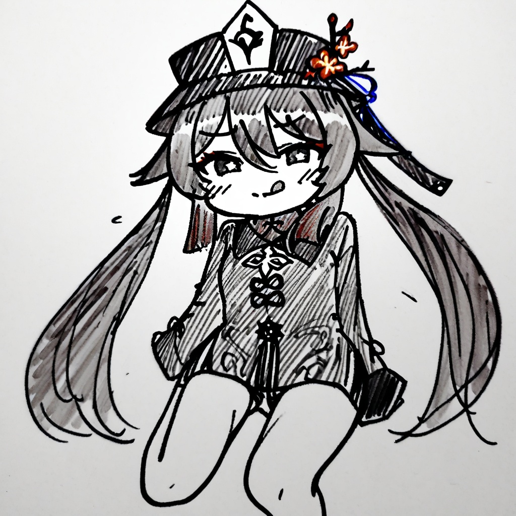 <lora:style52-a31-000018:1>, greyscale,sketch,1girl,solo,hu tao \(genshin impact\), hat,full body,tongue out, white background, 
