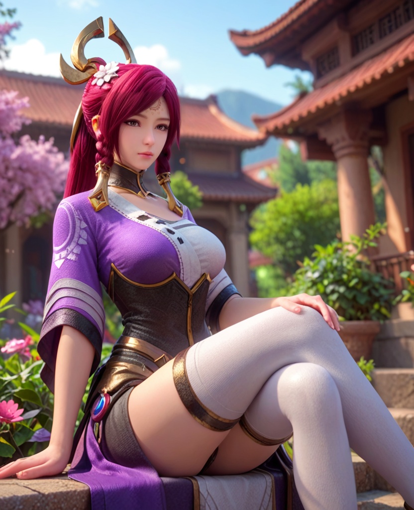 (oriental architecture, elegant decor, sophisticated style:1.1),(crossed legs:1.1),(large breasts:1.2),<lora:XL王者荣耀伽罗:0.95>,miss jialuo,purple right side robe layered on top of white sarashi,red hair,ponytail,twin braids,hair ornament,hair tubes,detached collar,armored dress,forehead mark,bangs,purple eyes,hair flower,white thighhighs,(veil:1.1),, score_9,score_8_up,score_7_up,score_6_up,score_5_up,score_4_up,3d rendering,tag1,tag2, Cinematic Lighting,backlighting,, zPDXL3, zPDXL2,zPDXL, zPDXLxxx, zPDXLrl,