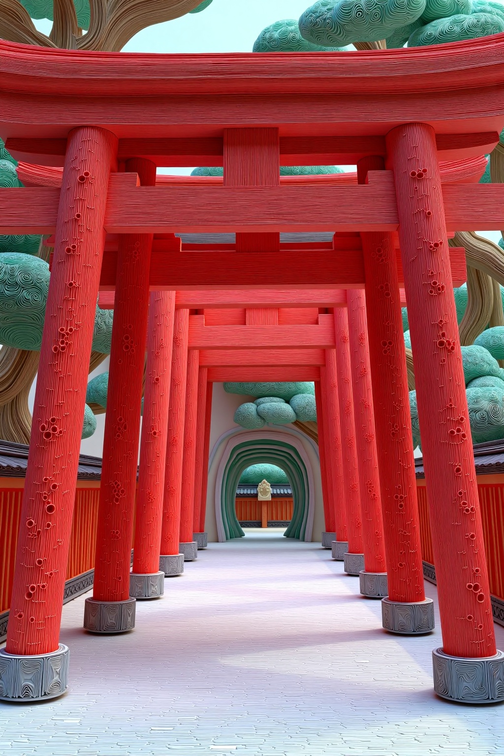beijihui,a torii gate in perspective,assembled from textured red paper layers,showcasing architectural details in clean 3D geometry,