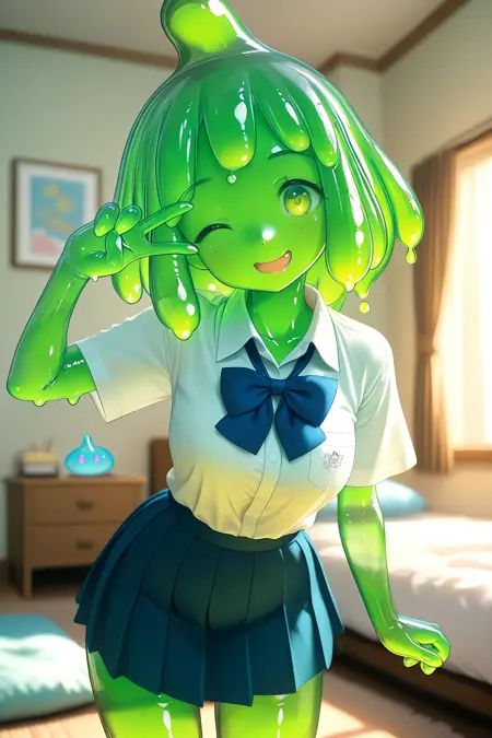 1girl, solo, slime girl, v over eye, collared shirt, pleated skirt, green skin, bedroom, soft lighting, gentle smile, curious pose, masterpiece, best quality