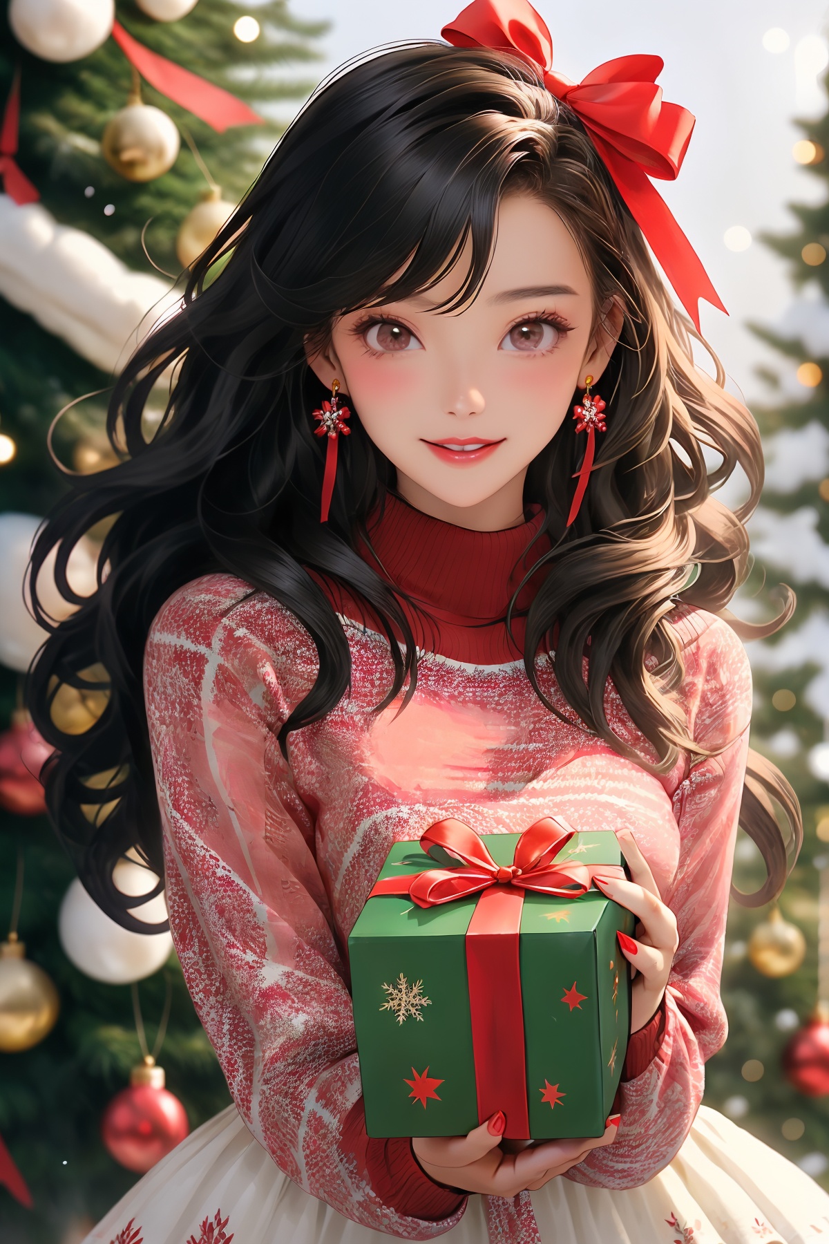 1girl,solo,jewelry,gift,earrings,long hair,holding,black hair,smile,bow,looking at viewer,dress,box,blurry background,red bow,hair bow,gift box,blush,blurry,sweater,christmas,long sleeves,holding gift,brown eyes,ribbon,white dress,white sweater,nail polish,parted lips,bangs,ring,christmas tree,red nails,holding box,fingernails,hair ribbon,turtleneck,christmas ornaments,red lips,red ribbon,depth of field,floral print,turtleneck sweater,wavy hair,cowboy shot,lips ,<lora:shengdan:0.6>,