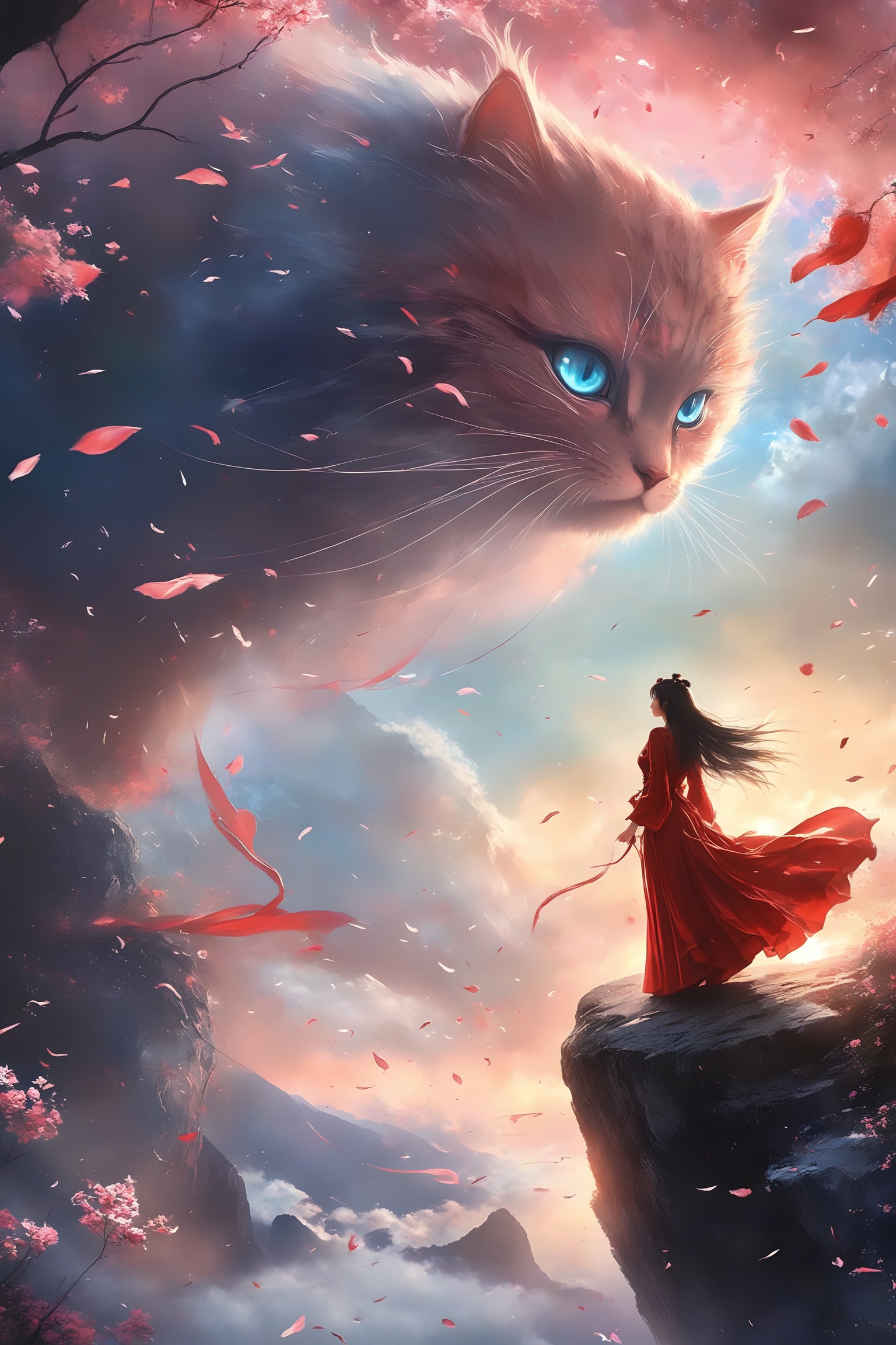 yishou,The image depicts a surreal and mystical scene where a large, ethereal cat with glowing blue eyes is looming in the sky. The cat's presence is surrounded by a soft, glowing aura, and its fur appears to be made of swirling, cosmic energy. The background is filled with a blend of vibrant colors, including shades of blue, pink, and orange, creating a dreamlike atmosphere.In the foreground, a woman dressed in a flowing red dress stands on a rocky cliff, gazing up at the cat. Her long, dark hair is being blown by the wind, adding to the sense of movement and drama in the scene. The cliff is adorned with delicate pink flowers, and the sky is filled with floating petals, enhancing the magical and otherworldly feel of the image.The overall composition of the image is highly detailed and visually captivating, with a strong sense of fantasy and wonder.