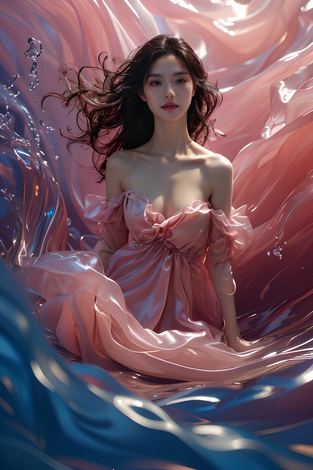 sd mai, piao, 1girl, solo, long hair, looking at viewer, dress, breasts, realistic, water, pink dress, parted lips, brown hair, lips, cleavage, collarbone, medium breasts <lora:飘piao:0.8>
