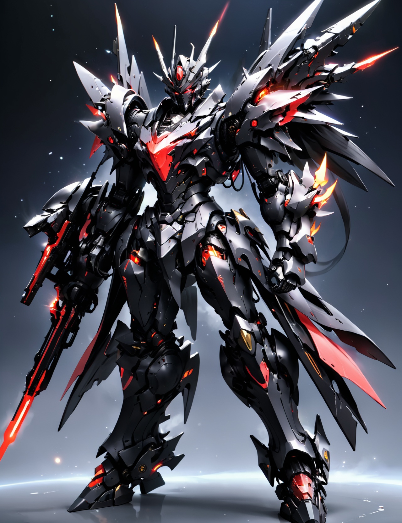 mecha warships,black devil mecha,Demon mecha warrior,full body,<lora:红魔战将机甲:0.6>,BLACK fluorescent mecha,(space battlefield),