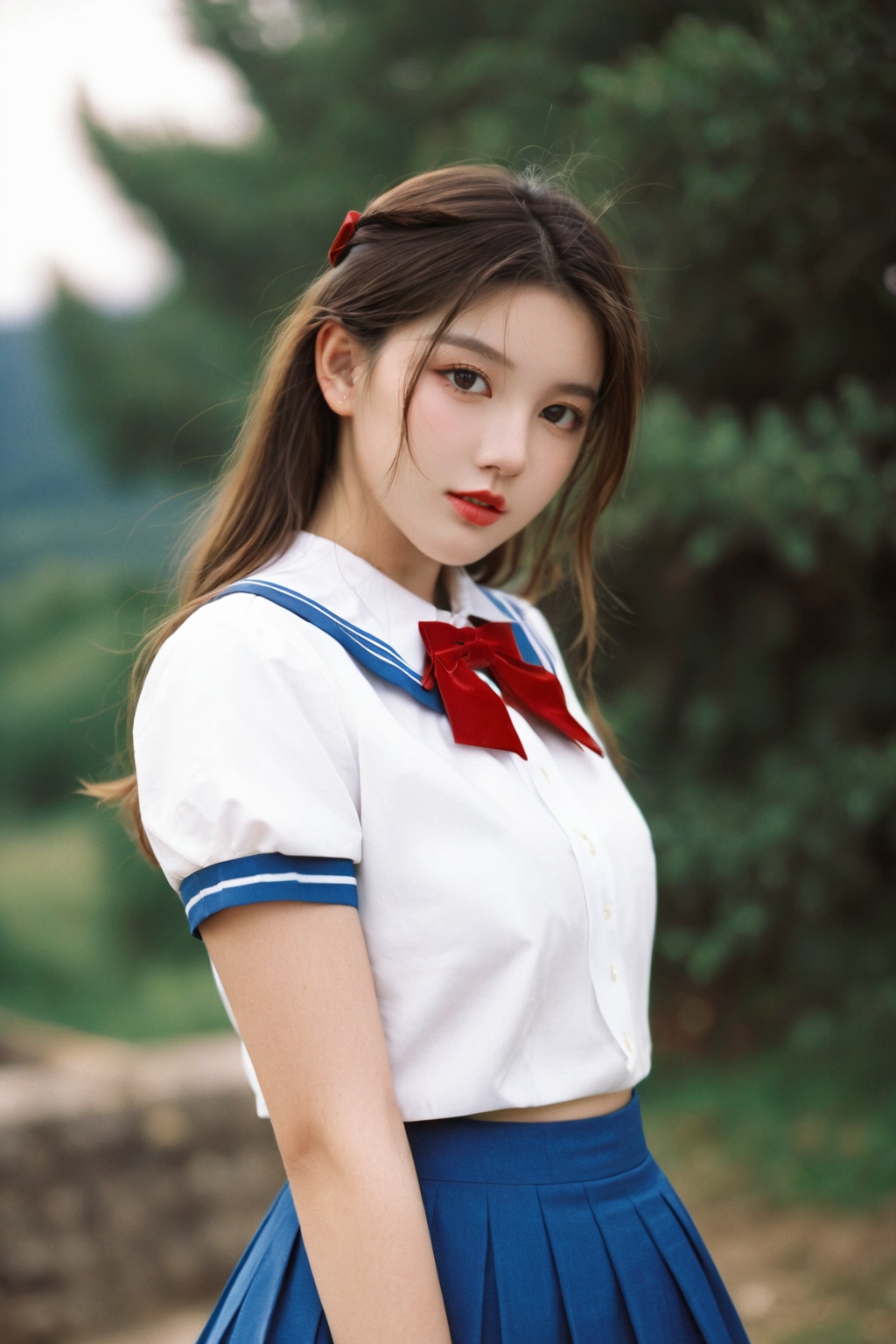 1girl,S.G.,sailor collar,blue pleated skirt,short sleeves,white shirt,red bowtie,outdoors,large breasts,navel,cowboy shot,miniskirt,(film grain:1.3),details skin,real skin,