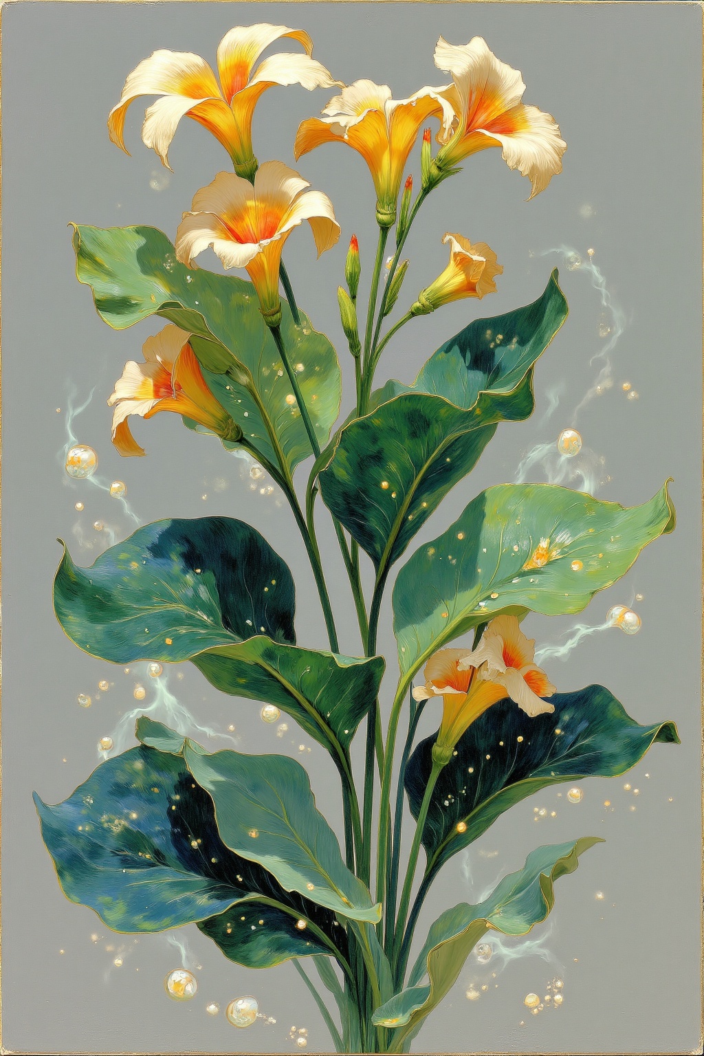 beijihui,Captured from a close-up,eye-level perspective,a detailed painting of a plant with green leaves and yellow flowers. The leaves,stems,and stems,are adorned with tiny white dots,adding a touch of color to the composition. The background,a grayish-gray wall,is adorned with a few wispy white bubbles,adding depth to the overall composition.,