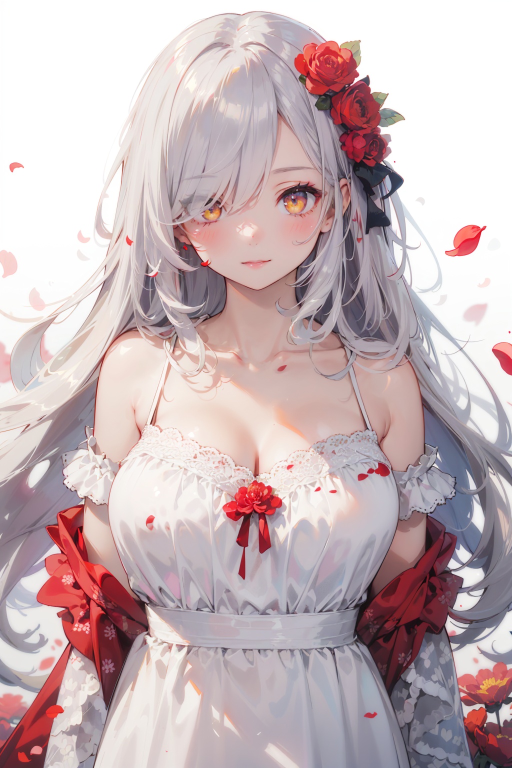masterpiece,best quality,1girl,solo,looking at viewer,silver hair,yellow eyes,beautiful and detailed face,evil smile,upper body,collarbone,collarbone,large breasts,white long translucent night gown,expressionless,hair cover one eye,long hair,red hair flower,standing,blood,(plenty of red petals:1.35),white background,simple background,