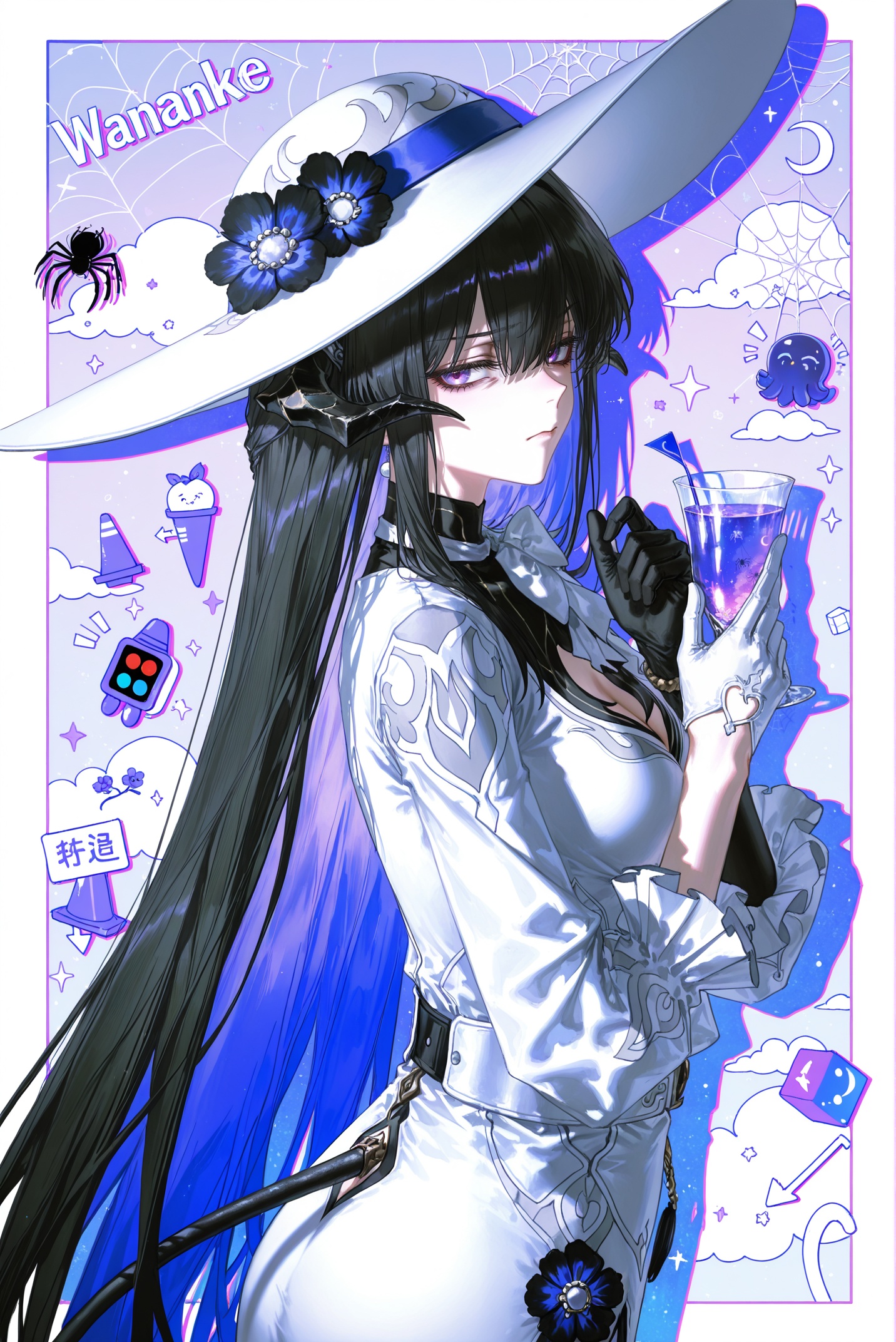 (artist:quasarcake:0.8),(wlop:0.6),wanke,rella,(((artist:Miv4t))),in the style of fashion photography,disgust,(drop shadow:1.4),(close-up:0.8),(shadow:1.2),(hands up:1.2),(border:1.2),(outside border:1.2),(hand up:1.2),(character name:1.2),from side,hand up,closed mouth,upper body,high contrast,holding cup,frown,looking at another,looking at viewer,rope,portrait,drop shadow,sparkle,^ ^,flag,moon,bug,notice lines,cloud,spider,traffic cone,star \(symbol\),circle,silk,traffic light,arrow \(symbol\),spider web,purple theme,sun,cube,crescent moon,flower,sunlight,colorful,very awa,masterpiece,best quality,newest,highres,absurdres,chibi octopus,<lora:Constance-noob-Tanger-000014:0.8>,Constance \(Honkai: Star Rail\),clothes: dalihuadef white-and-blue dress,black Succubus horns,1girl,hat,breasts,purple eyes,long hair,black hair,mismatched gloves,white headwear,flower,blue hair,bangs,belt,multicolored hair,cleavage,white glove,black glove,tail,from behind,ass,looking back,