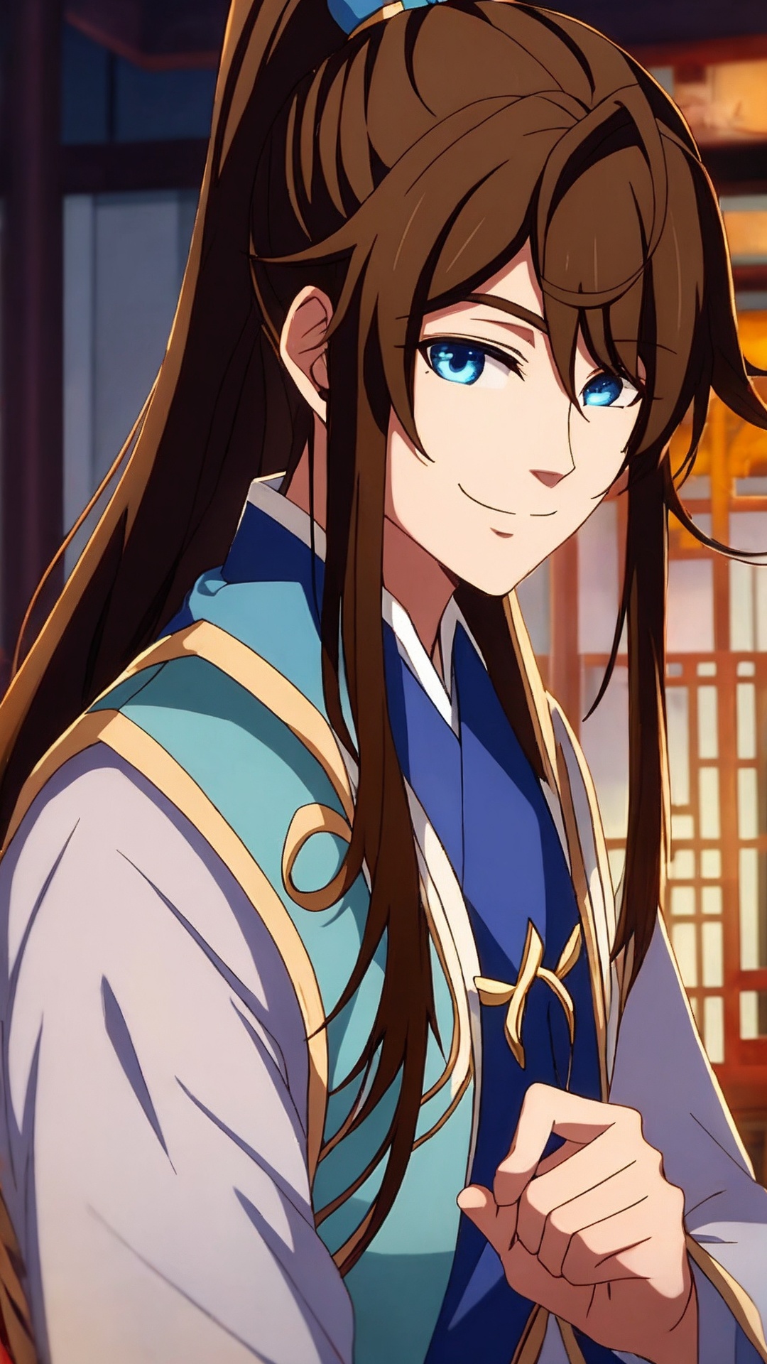 1boy, male focus, solo, long hair, blue eyes, brown hair, smile, ponytail, upper body, hair ornament, high ponytail, chinese clothes<lora:boy baixiaochun_20240911193625:0.7>,