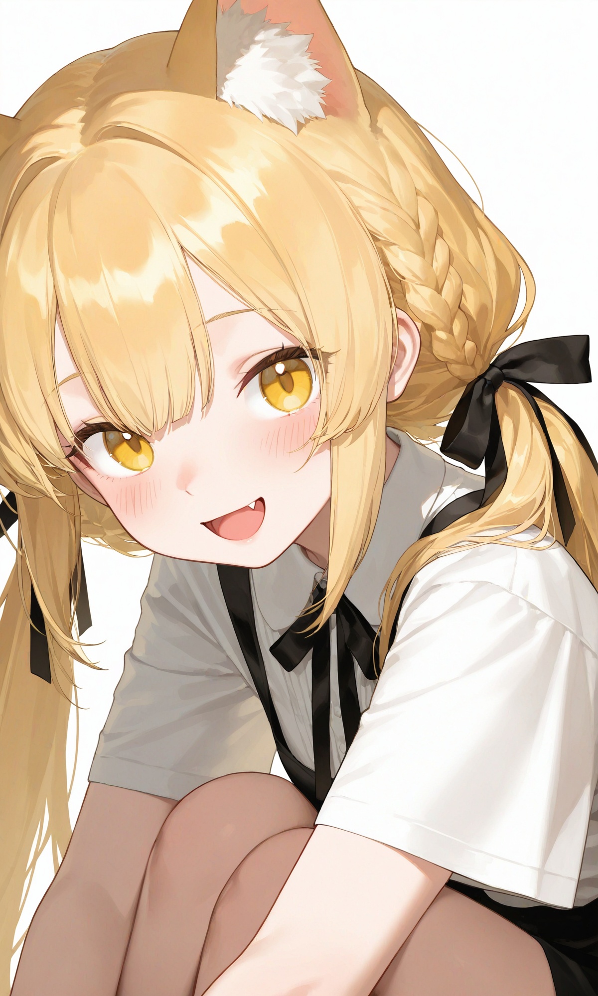 simple,1girl,solo,long hair,looking at viewer,blush,smile,open mouth,bangs,blonde hair,simple background,shirt,white background,ribbon,animal ears,twintails,sitting,hair ribbon,yellow eyes,white shirt,braid,short sleeves,:d,fang,cat ears,twin braids,animal ear fluff,bare legs,black ribbon,extra ears,