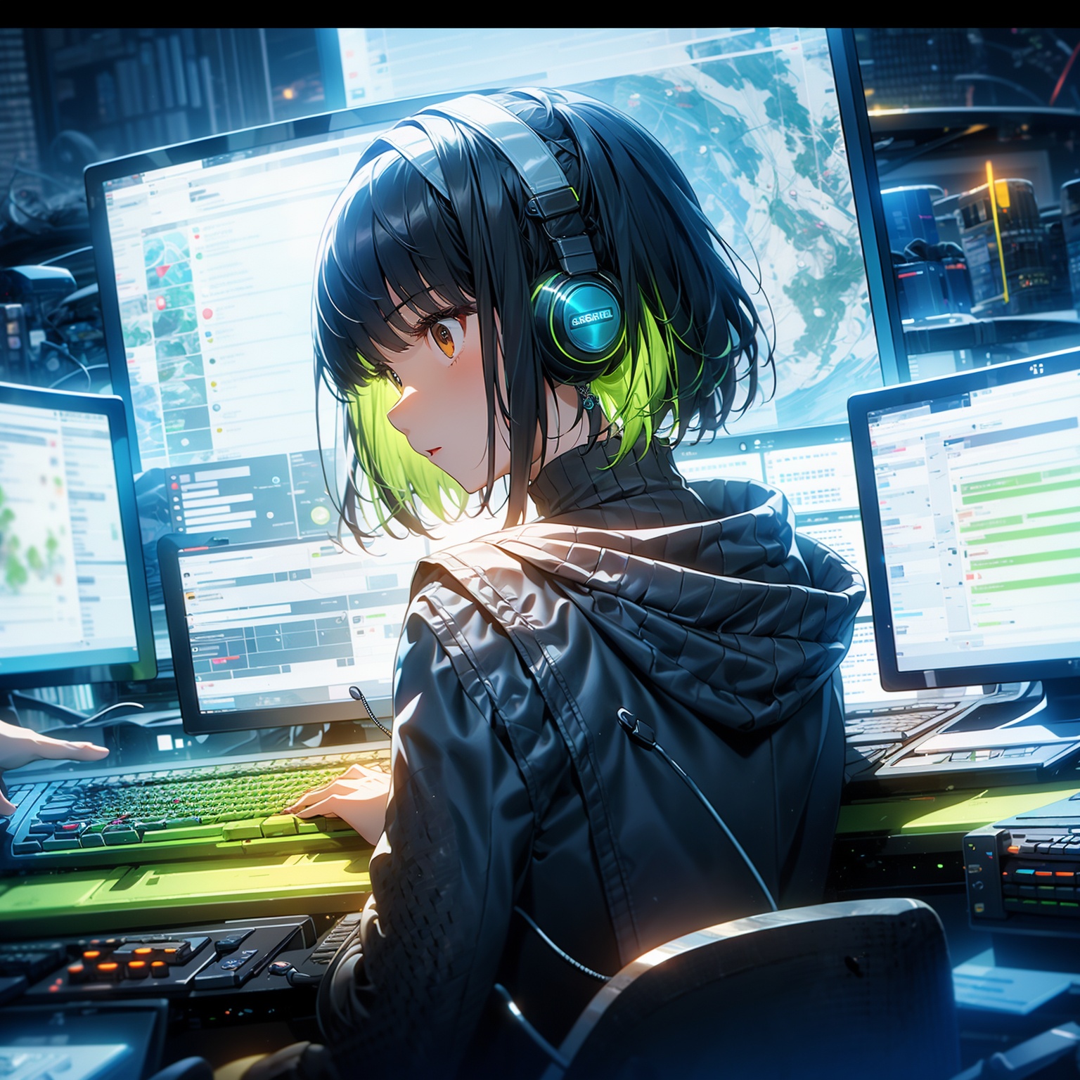 1girl, black hair, solo, green hair, multicolored hair, letterboxed, hair ornament, colored inner hair, hairclip, two-tone hair, earrings, hood, short hair, monitor, jewelry, sitting, bangs, headphones, brown eyes, keyboard \(computer\), upper body, jacket, indoors, turtleneck<lora:HTTP_20240106230351-000008:1>