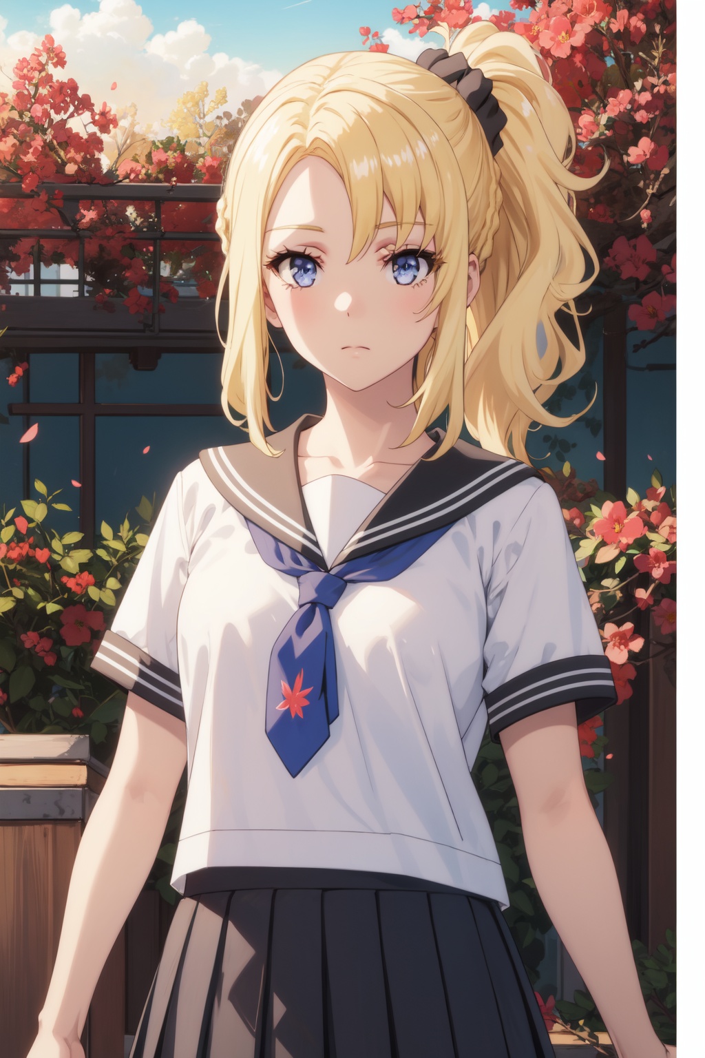 <lora:Nodoka:0.8>,Nodoka CYQL,1girl,looking at viewer,solo,blonde_hair,ponytail,bangs,long_hair,black_scrunchie,hair_ornament,hair_scrunchie,scrunchie,blue_eyes,school_uniform,skirt,serafuku,necktie,pleated_skirt,sailor_collar,shirt,short_sleeves,white_shirt,black_skirt,smirk,full_shot,Vineyard, Grapes, Harvest, Wine barrels, Autumn leaves, Sunshine, Rows, Winery,(Bamboo shoots, Bamboo grove, Lantern-lit path, Evening stroll, Zen tranquility, Bamboo shadows:0.5),beautiful detailed sky,beautiful detailed glow,posing in front of a colorful and dynamic background,masterpiece,best quality,beautiful and aesthetic,contrapposto,female focus,wallpaper,