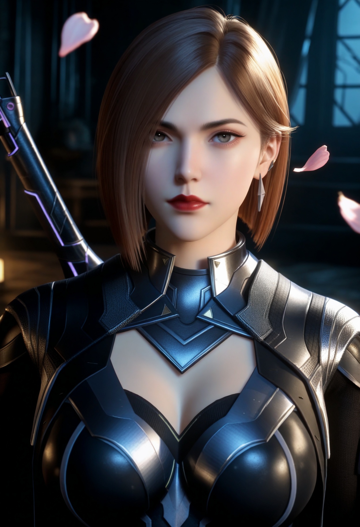 masterpiece,best quality,amazing quality,very aesthetic,high resolution,ultra-detailed,absurdres,scenery,photorealistic,(looking at viewer:1.1),upper body,(Dark room:1.3),(moody lighting:1.1),peach blossom,falling petals,(large breasts:0.8),jiangfang,1girl,solo,brown hair,short hair,armor,jewelry,earrings,realistic,grey eyes,cleavage cutout,bodysuit,clothing cutout,red lips,weapon on back,high_heel_boots BREAK photorealistic details,<lora:QQSilljiangfangV1:0.8>,