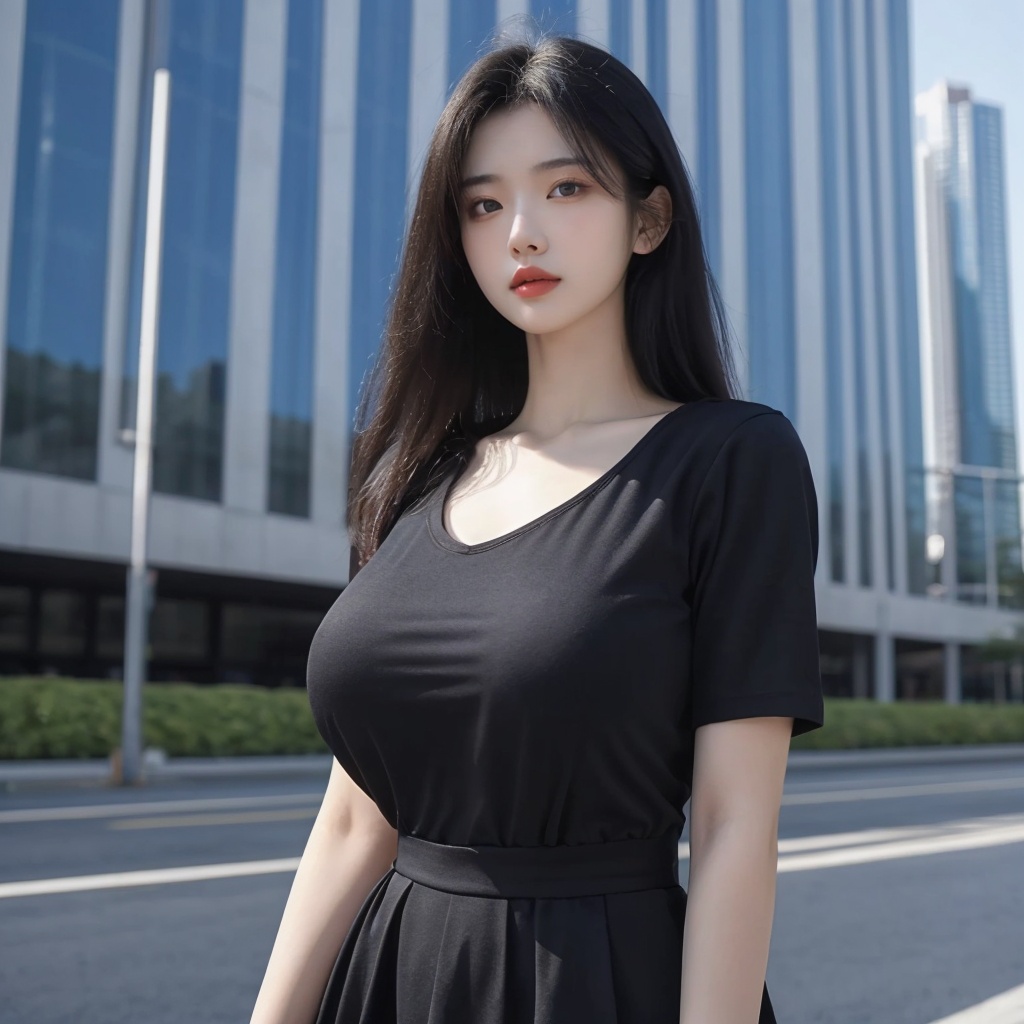 (masterpiece, best quality:1.4),finely detailed,1girl,solo,pale skin,perfect body,glossy skin,(gigantic breasts:1.2),black hair,shirt,STANCE,full-size photograph,outdoors,(black shirts),(black dress),<lora:meinv76:0.6>