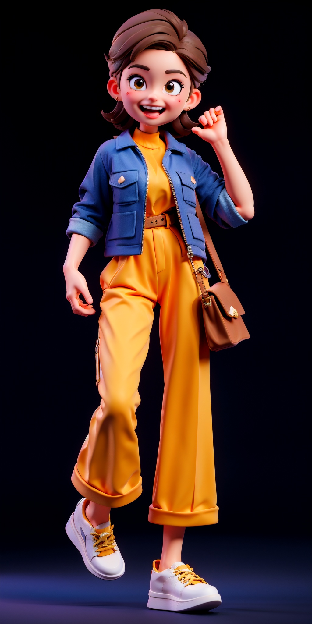 masterpiece,best quality,yuan_3D_character,1girl, solo, bag, black background, handbag, smile, full body, open mouth, simple background, brown hair, standing, brown eyes, pants, holding bag, looking at viewer, holding, jacket, yellow pants, shirt, high heels, shoes, :d, black hair, short hair