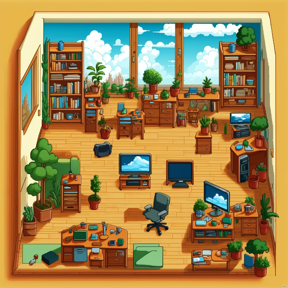 ((HRD, HUD, 8K)),((masterpiece, best quality)), highly detailed, soft light,GameScenes, no humans, computer, plant, shelf, chair, box, book, mouse (computer), potted plant, scenery, monitor, keyboard (computer), trash can, bookshelf, window, cup, laptop, desk, refrigerator, indoors, flower pot, sky, television, cabinet, cloud, table, wooden floor, door, game console, cardboard box, bulletin board, day, shadow, <lora:20240330-1711769468704:0.9>