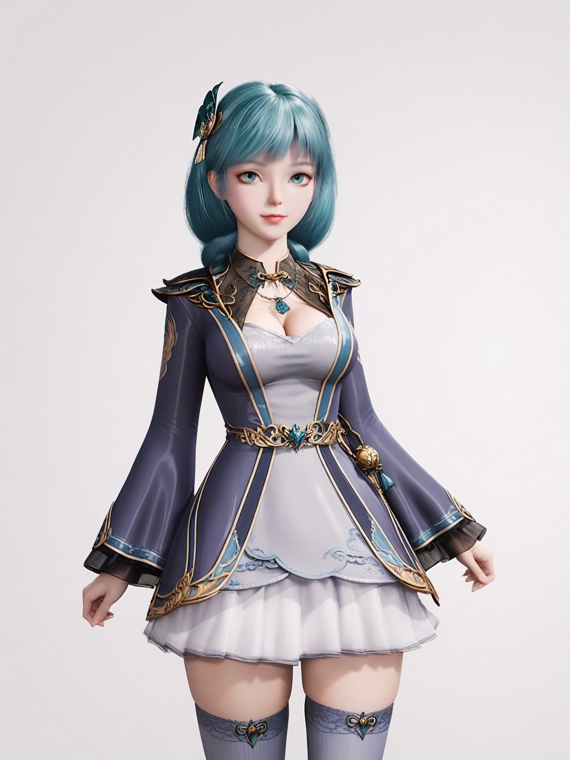 score_9,<lora:SF_XiaoXiao_Pony_Realism2.3-000004:0.7>,1girl,breasts,large breasts,standing,hair ornament,solo, dress,jewelry,skirt, thighhighs,cowboy shot,looking at viewer,white background,simple background,